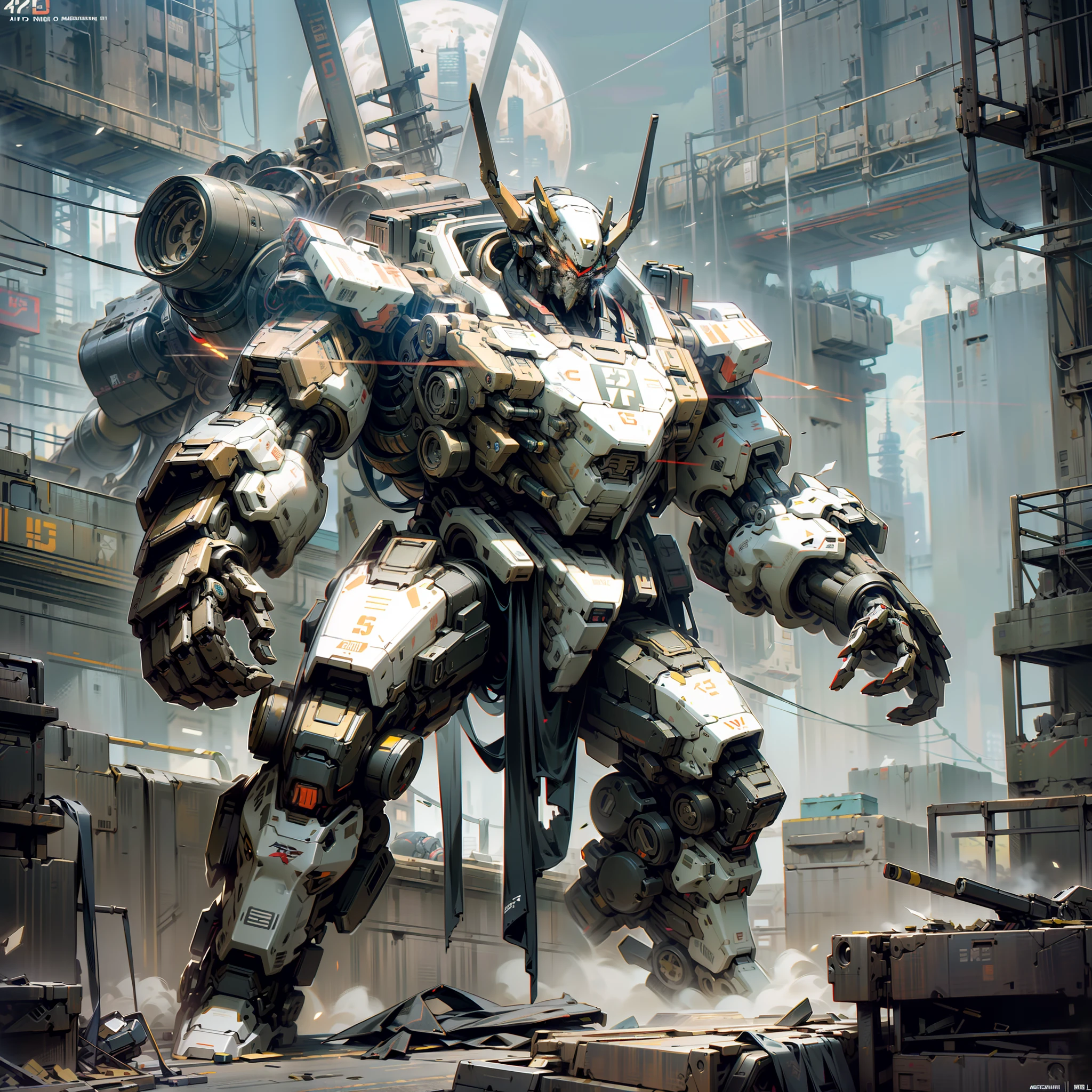 Cyberpunk, best quality, masterpiece, bison mecha, unmanned, full body, bull head, mechanical marvel, strong, moon, ruined city, highest quality digital art, stunning art, wallpaper 4k, highly detailed, military robot, army, war zone, dynamic lighting, movie, epic, damaged mechanical parts --auto --s2
