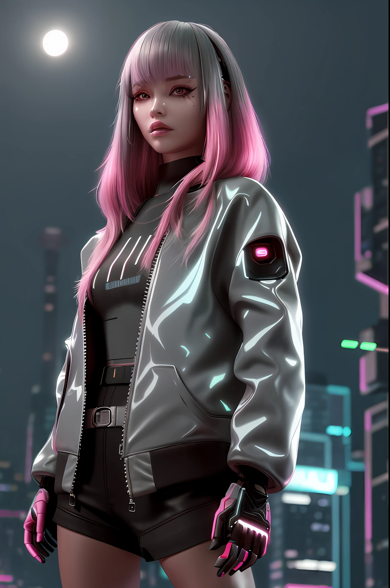 (cyberpunk), (1girl_robot), hair scrunchie, hime cut, silver hair, colored tips, full moon, grey eyes, jacket, long sleeves, looking at viewer, medium hair, multicolored hair, parted bangs, parted lips, pink hair, portrait, red lips, white jacket,helmit, rainy night in a cyberpunk city with glowing neon lights,Cyberbiology,concept art