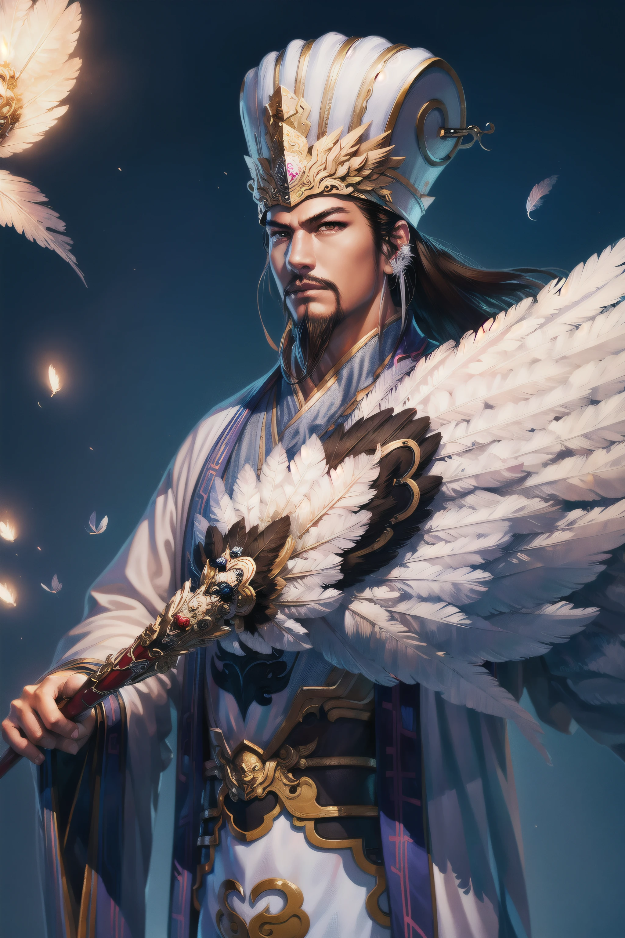 1boy,(8k, best quality, masterpiece:1.4),final fantasy,(fantasy), (lighting),solo, white chinese hat,chinese clothes,(holding Feather Fan),plume,white cloth ,cloud,eagle,wings