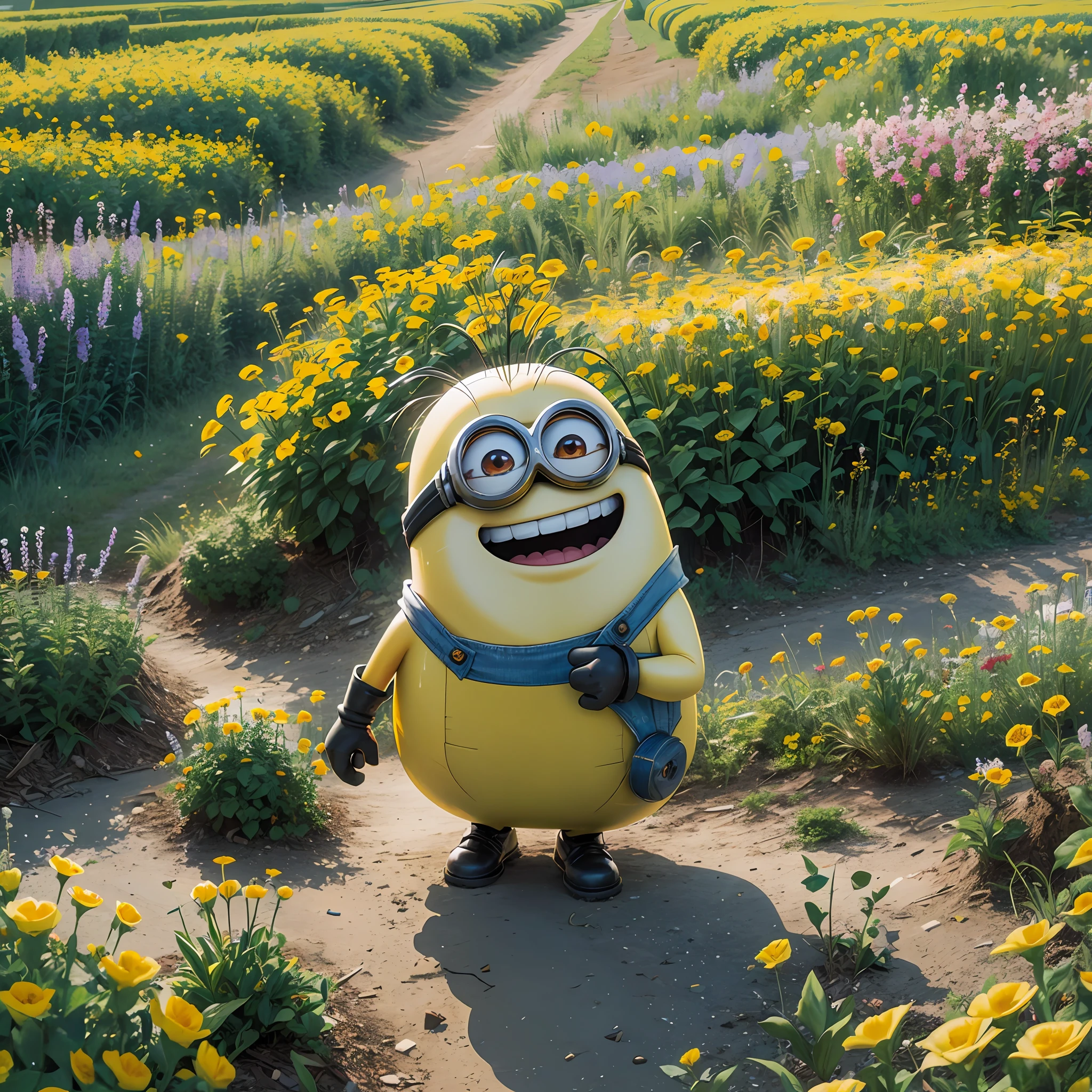 a laughing minion in the flowers field, 8k resolution wallpaper,