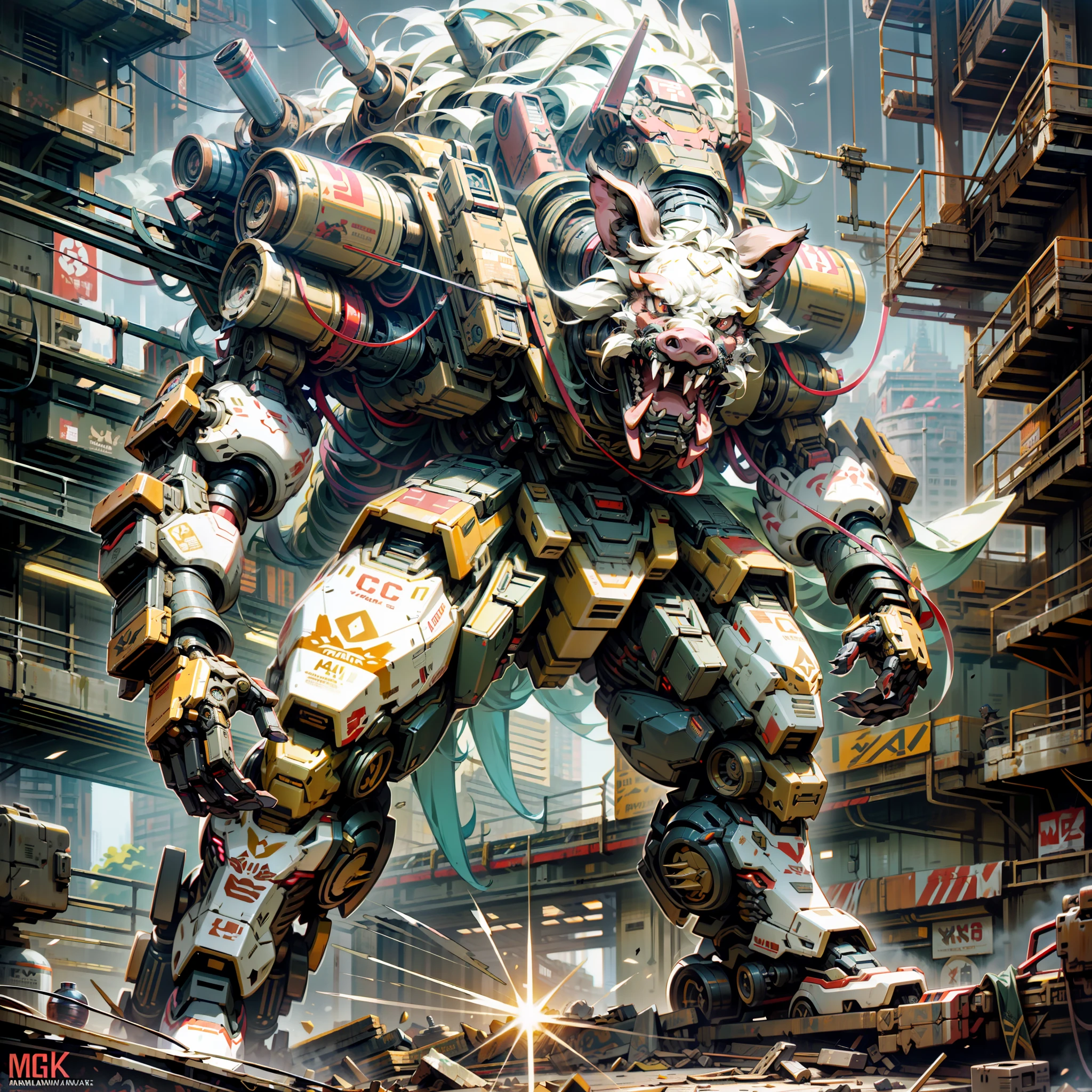Boar pig head, with fangs, cyberpunk, best quality, masterpiece, unmanned, full body, wild boar mecha, mechanical marvel, strong, moon, ruined city, highest quality digital art, stunning art, wallpaper 4k, highly detailed, military robot, army, war zone, dynamic lighting, movie, epic, damaged mechanical parts