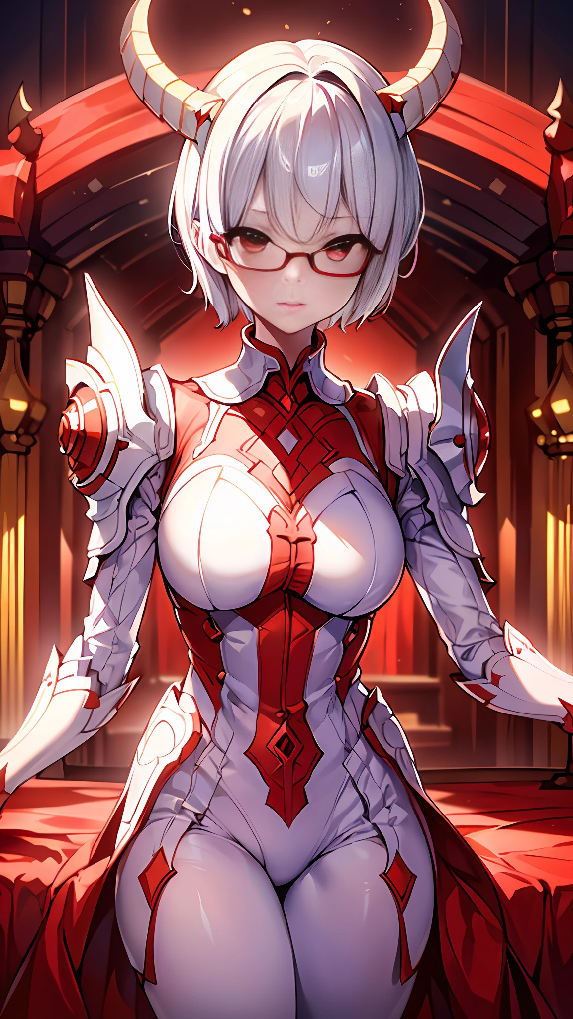 masterpiece , a girl, in castle, ( lite white short hair:1.2), (red eyes:1.2) , (8k, best quality 1.2), ultra-detailed, 8k uhd, soft lighting, high quality, film grain, beautiful lighting, cinematic ,perfect body , best illumination, best shadow, sharpness, contrast, red glasses, absurdres high detailed face, demon king