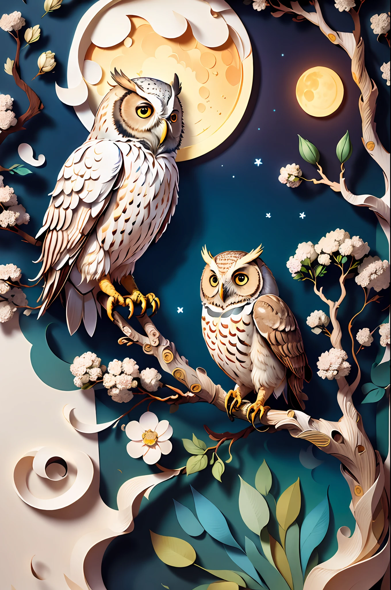 (((masterpiece))),bestquality,illustration,beautifuldetailed, paper_cut, owl, tree,moon,