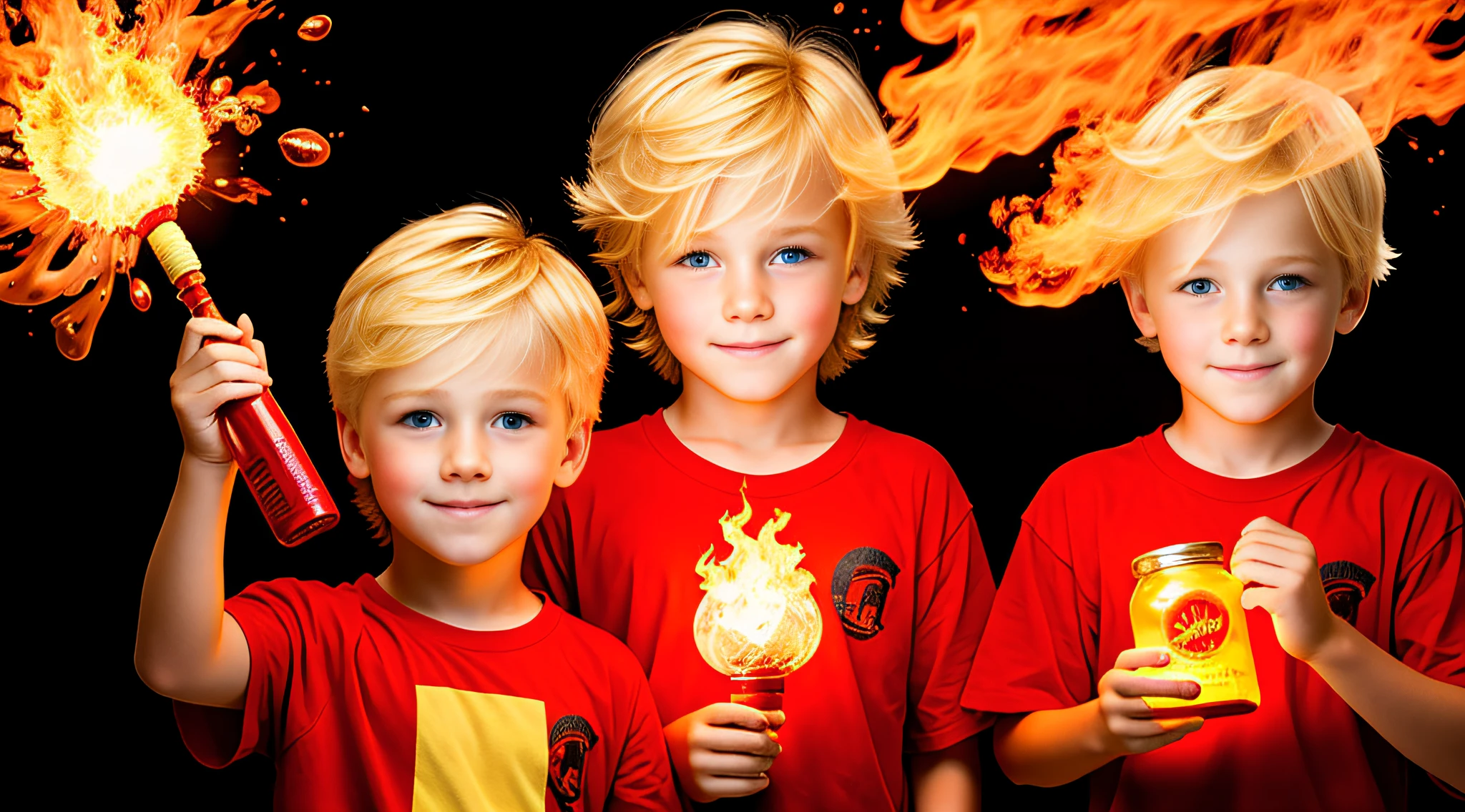 boys blonde children WITH STRAIGHT HAIR, RED BACKGROUND, FIREBALL IN HANDS.