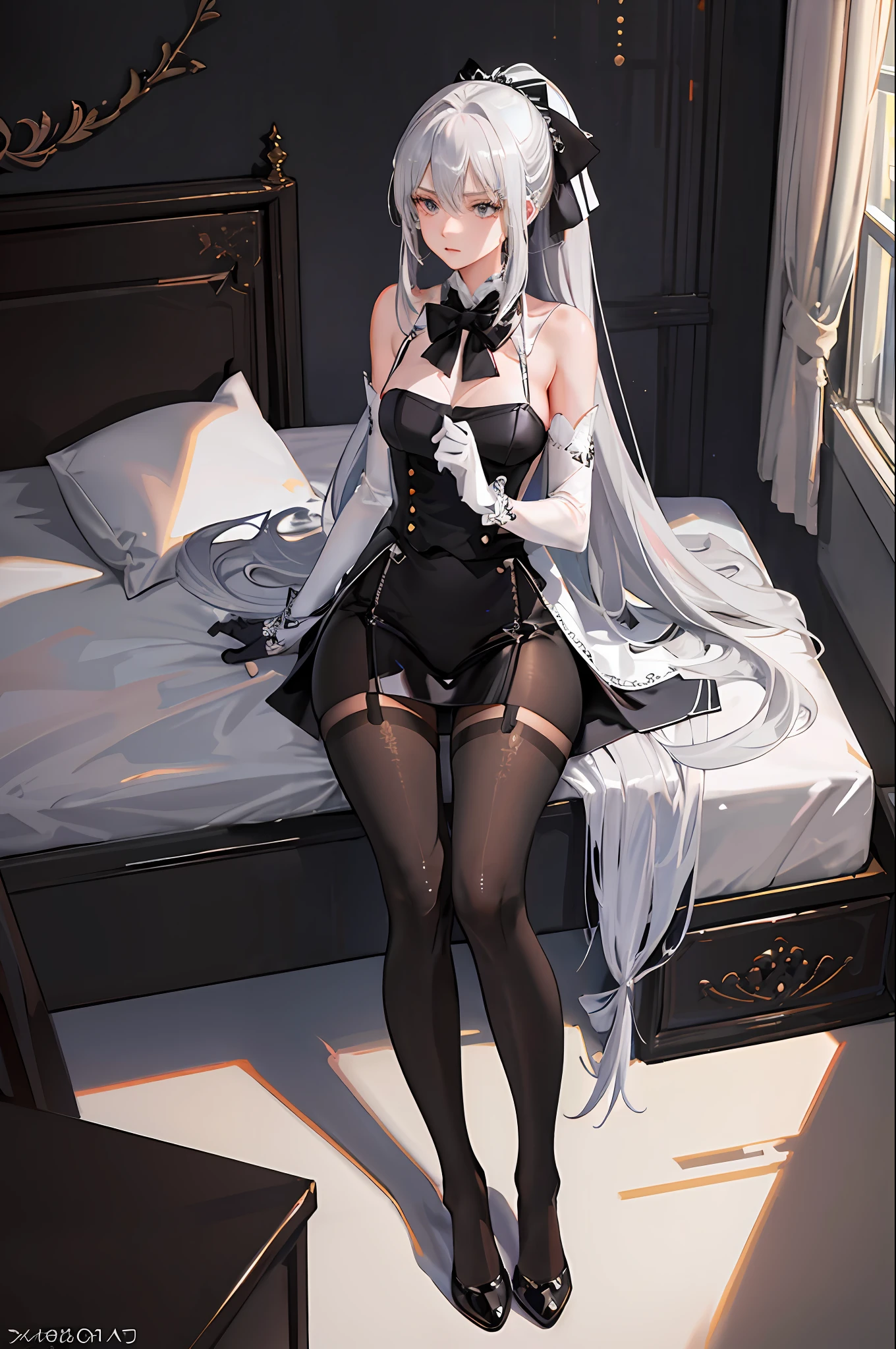 (((1 girl)),ray tracing,(dim lighting),[detailed background (bedroom)),((silver hair)),((silver hair)),(Fluffy silver hair, plump slender girl)) with high ponytail)))) Avoid blonde eyes in the ominous bedroom ((((Girl wears intricately embroidered black high-waisted pants with pantyhose) and white ruffled bow gloves), showing a delicate slim figure and graceful curves, correct limbs, sitting on the bed