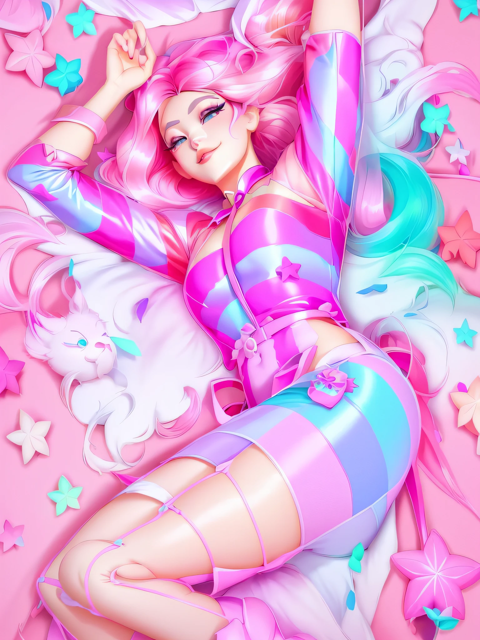 araffe laying on a bed with a pink and blue striped outfit, rossdraws cartoon vibrant, rossdraws pastel vibrant, jen bartel, inspired by Ross Tran, ross tran style, bubblegum body, in the style of ross tran, lois van baarle and rossdraws, ross tran!!!, star butterfly, inspired by Yanjun Cheng, candy girl