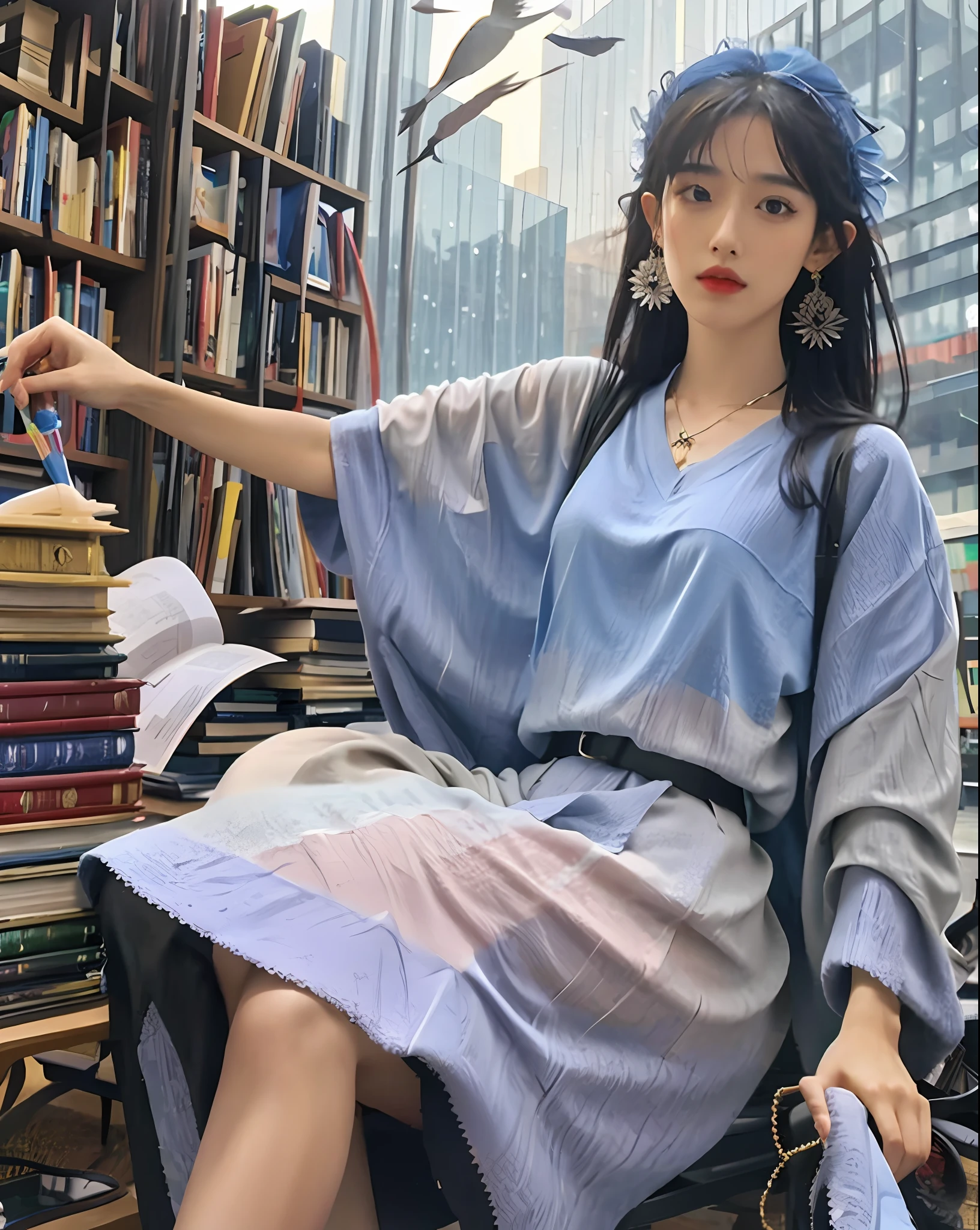 (Masterpiece, best quality, CG extremely detailed, fine eyes, hyper detail, intricate details: 1.2), 8k wallpaper, beautiful features, (1girl, solo: 1.4), long hair, striped hair, elf, halo, look at the audience, blue eyes, earrings, lingerie, anklet, big, mysteries, blue flame, feathers, birds, magic balls, books, magic wands, magic balls, books, flying pages, magic arrays, magic arrays, spells, night, darkness