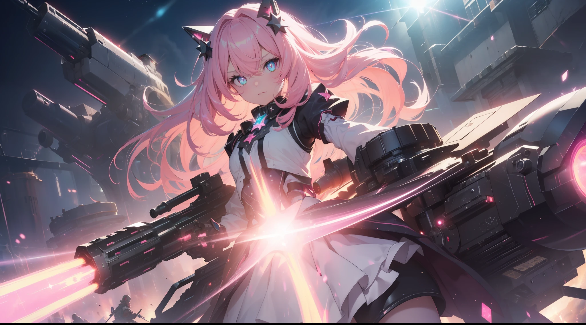 (((masterpiece))),((ultra detailed,best quality, highres, cinematic lighting, twinkle,glitter,lens flare,light particles,shiningtoned, 8k wallpaper, beautiful Clothes,)),fullbody,fullbodyshot (1 girl)((pink hair, long hair,straight hair))(two side up, green eyes),eyeshadow, eyeliner,glow eyes, hyper detailed eyes, intricate eyes, beautiful eyes, best lighting, detailed eyes,((star-shaped pupils,glowing pink pupils))-yeld gi(white background)huge cool (((Gatling hammer)))in hands, huge cool weapon machine, mecha, mechanism, machine, open stance,Girl Maid clothes uniform,Scouter,score