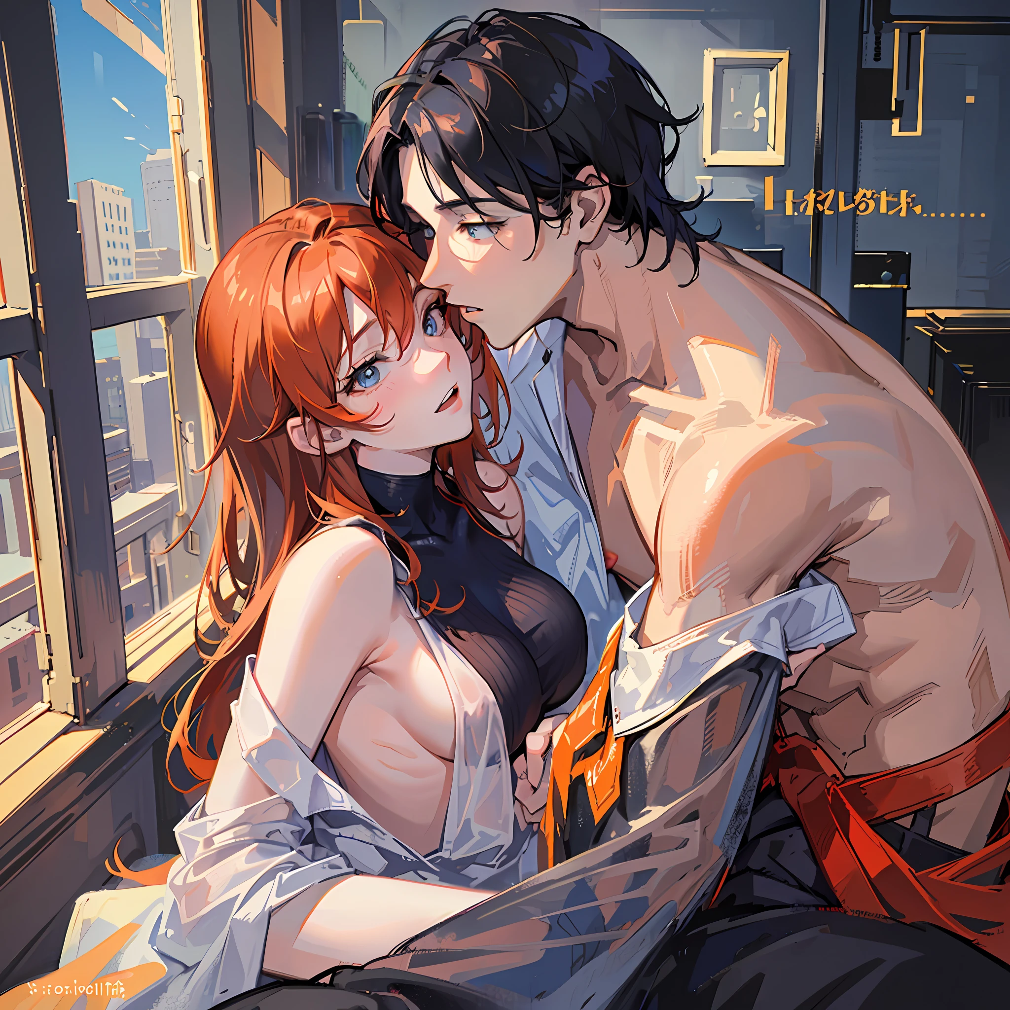 masterpiece,Best Quality,Hot Couple,Handsome Anime Pose,Handsome Boy,Beautiful Girl,Man with black hair,Kissing a woman with Orange hair (light blue eyes,oversized shirt, Big:1.3,Naked shirt),Passionate kiss,Body disparity,Love,Happiness,(NSFW)