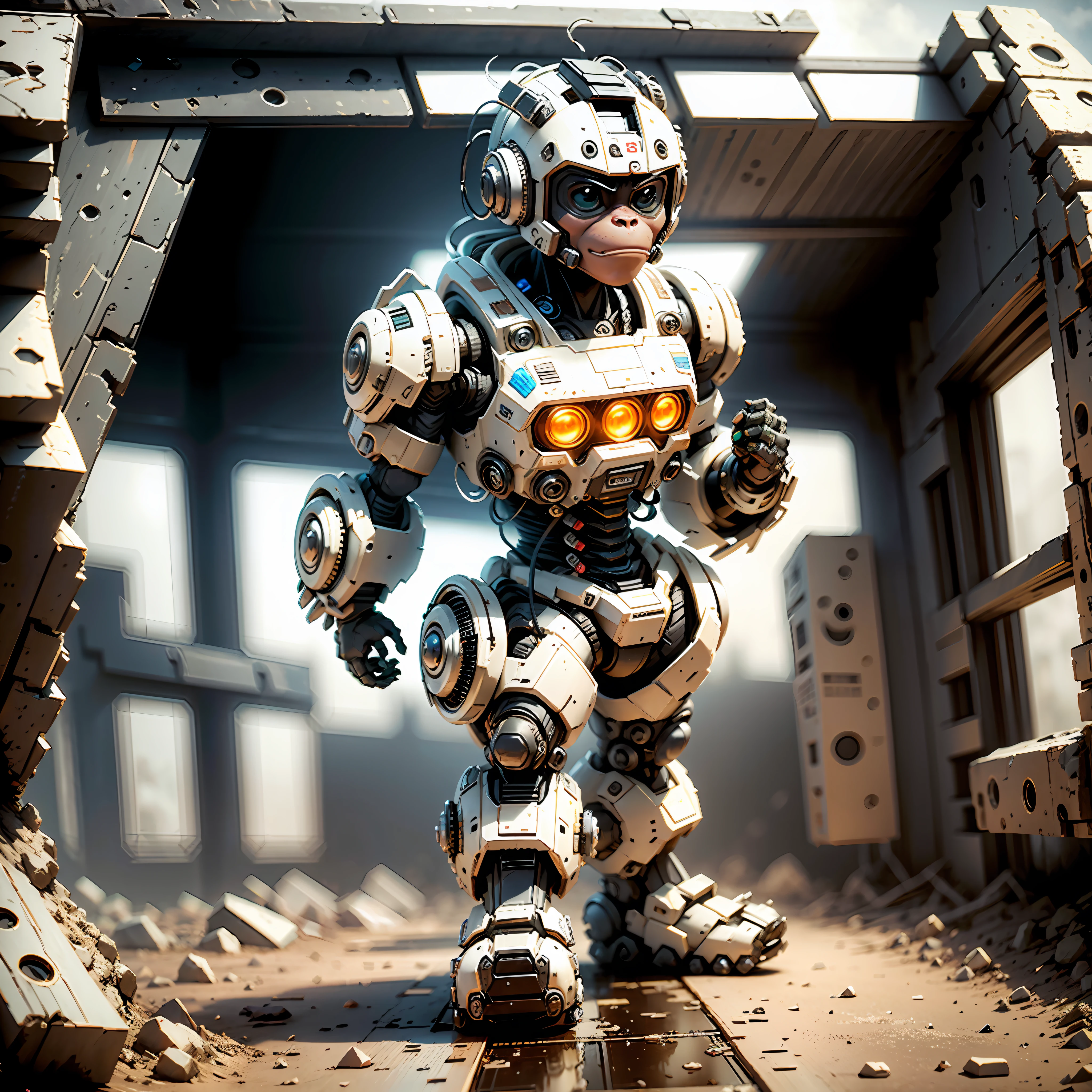 Monkey Mecha, Humanoid, Full Body, Solitary, Cyberpunk, Delicate Monkey Head Head, Popmart Blind Box, Clay Texture, Stepping on the Land, Black and White Background, Natural Light, Best Quality, Ultra Detail, 3D Art, C4D, OC Renderer, 3D Rendering, 8k