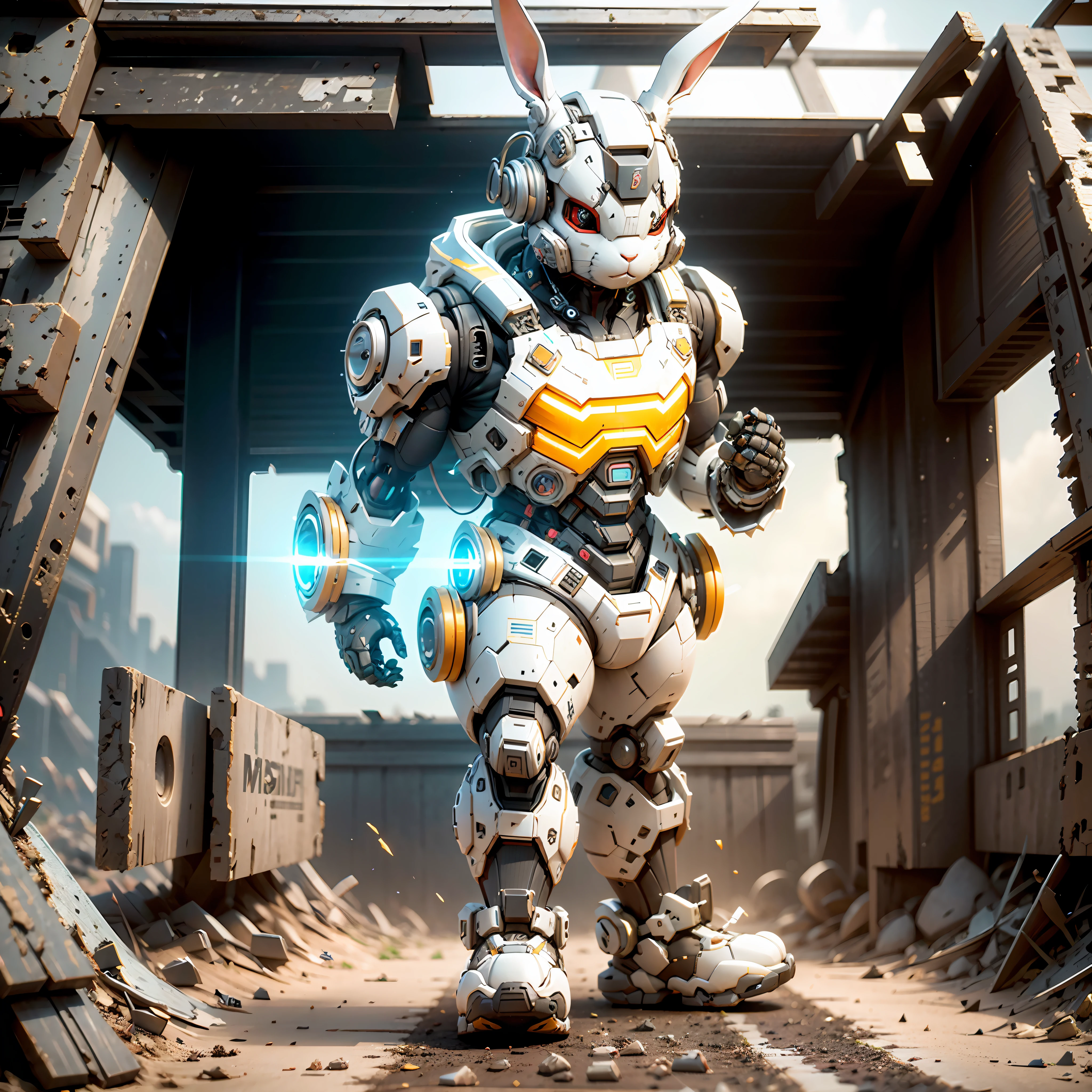Rabbit Mech, Humanoid, Full Body, Solitary, Cyberpunk, Exquisite Rabbit Head Head, Popmart Blind Box, Clay Texture, Stepping on the Land, Black and White Background, Natural Light, Best Quality, Ultra Detail, 3D Art, C4D, OC Renderer, 3D Rendering, 8K