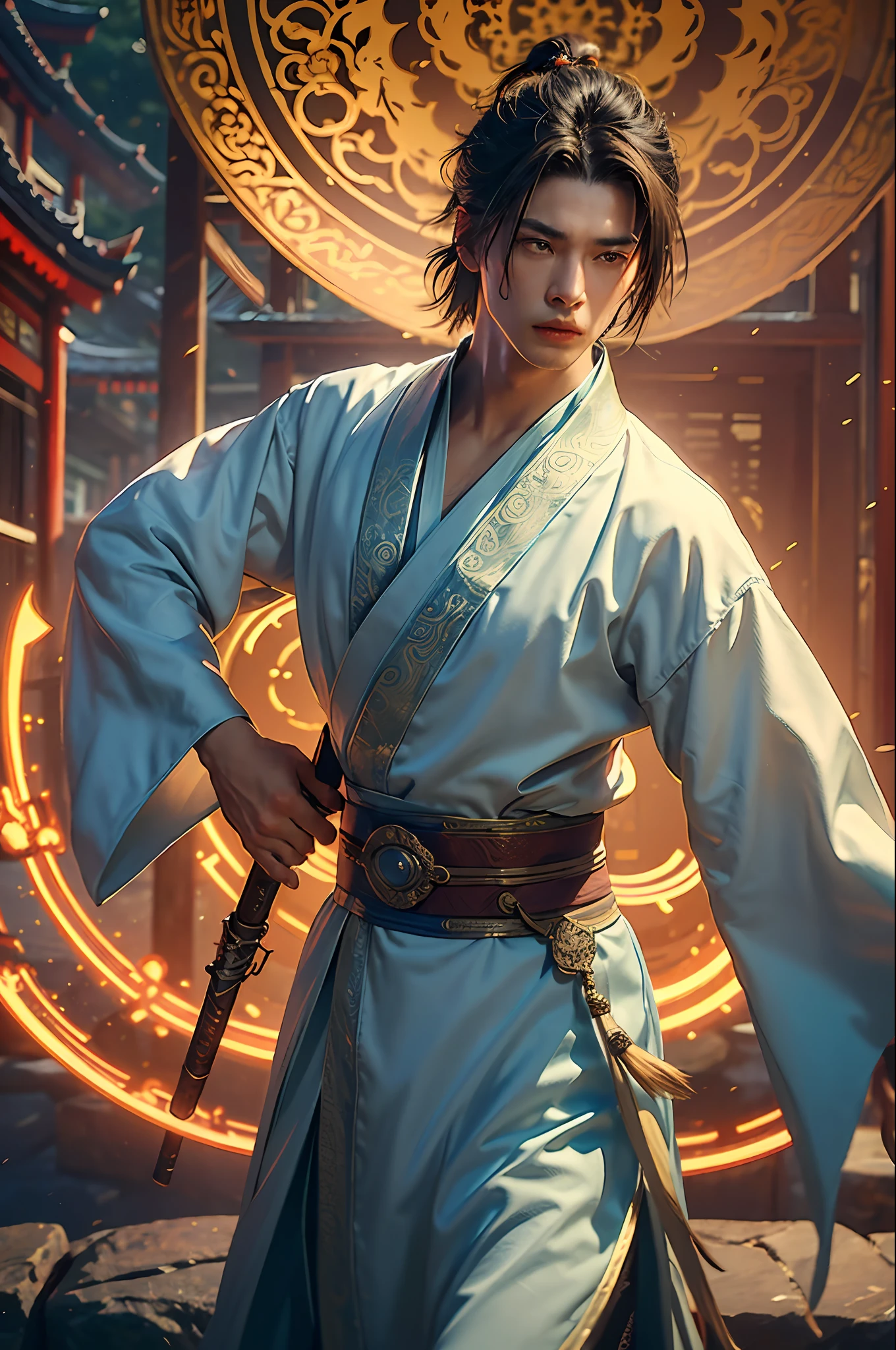 Best Quality, Masterpiece, Ultra High Resolution, (Realistic: 1.4), Xiuxian, Weapon, Detail Face, 1 Boy, Solo, Weapon, (Magic Circle: 1.2), Xiuxian, Upper Body, Interacting with People, Sharp Eyes, Beautiful Boy, (((Handsome)))), Full Body, East Asian Architecture, Sheath, Architecture,