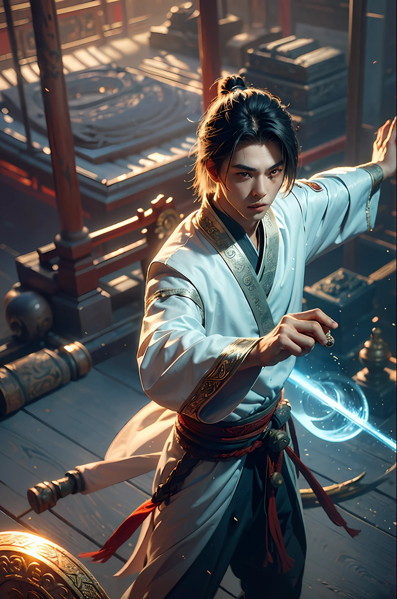 Best Quality, Masterpiece, Ultra High Resolution, (Realistic: 1.4), Xiuxian, Weapon, Detail Face, 1 Boy, Solo, Weapon, (Magic Circle: 1.2), Xiuxian, Upper Body, Interacting with People, Sharp Eyes, Beautiful Boy, (((Handsome)))), Full Body, East Asian Architecture, Sheath, Architecture,