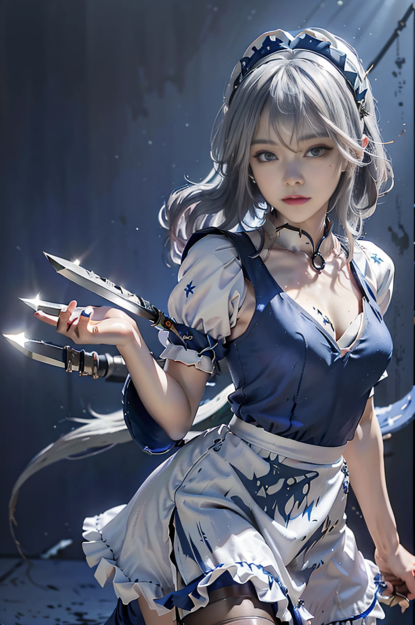 ((16 Nights Sakiya)), ((Touhou Project)), Cosplay, ((Silver hair)), ((Medium hair)), (((Ultramarine maid outfit)), Middle breast, ((Light clothing)))), (Pause)), (Western))), Full body, Slim body, Slim girl model, 18 year old female model, Devil's smile, ((((Knife))))
