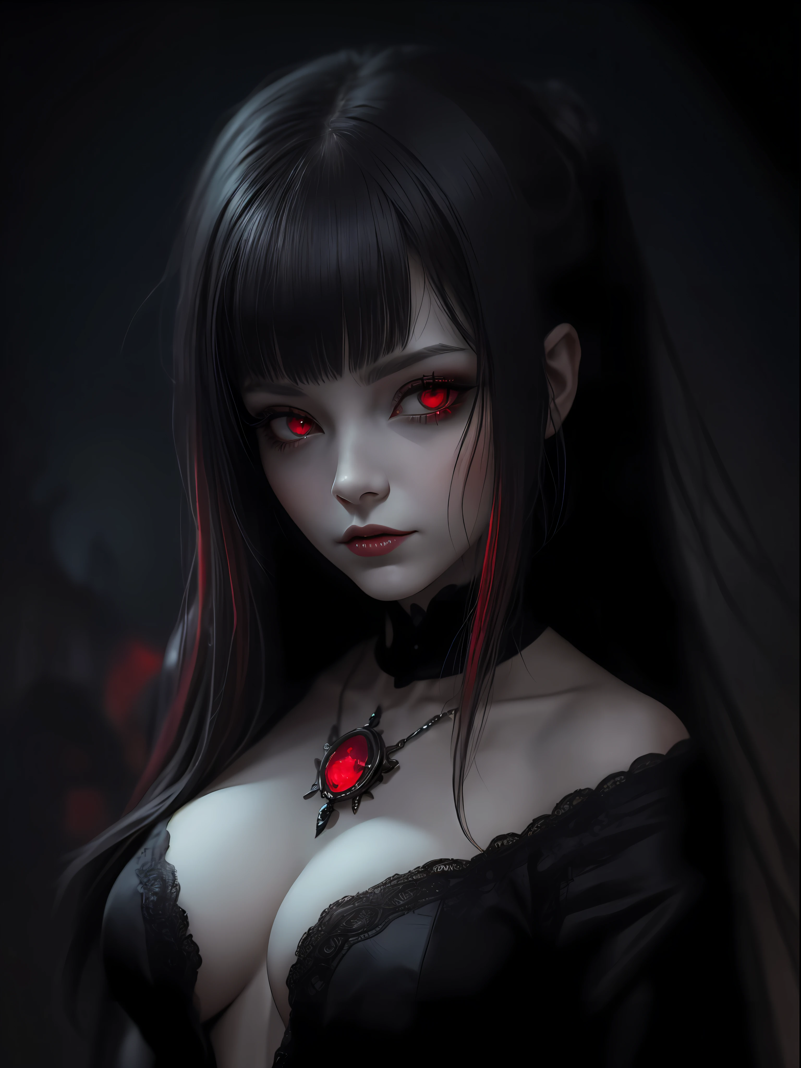 A hauntingly beautiful, alluring lady with a magnetic aura and a hint of creepiness. Her red eyes are full of evil.