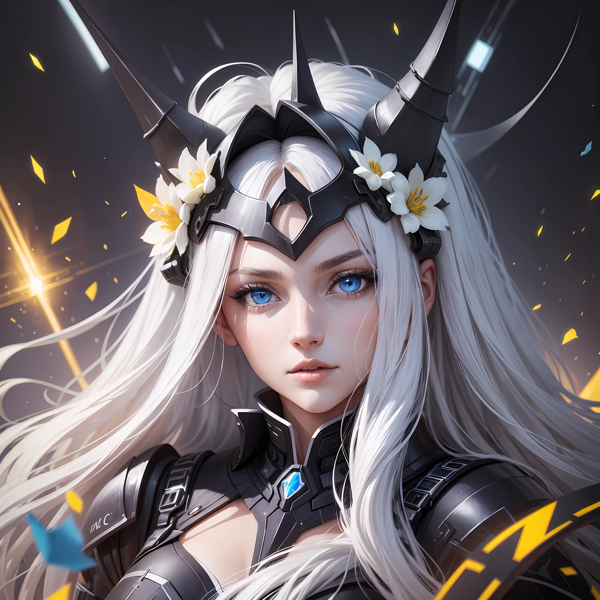 beautiful girls,cecilia schariac,4D,digital art,black abyss,white flower,white long hair,blue eyes,battlesuit,wearing a horn like hairpin on her head,along with a yellow --auto --s2