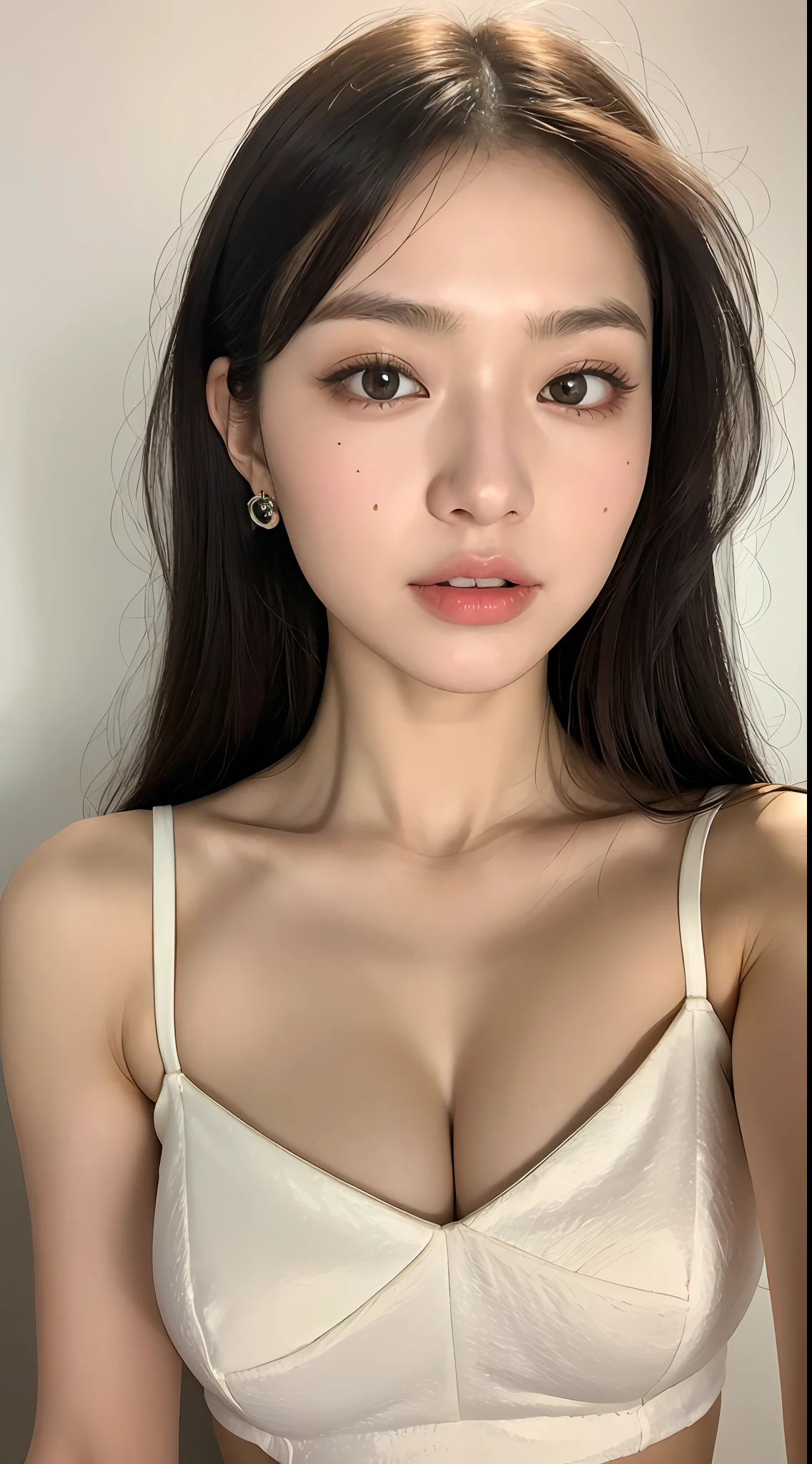 Best quality, 8k, Masterpiece: 1.3)), 1girl, Beautiful woman with striking female abdomen: 1.3, Huge breasts: 1.2, night, tokio (short white dress 1.3), happy, Ultra detailed face, Highly detailed lips, Detailed eyes, Double eyelid