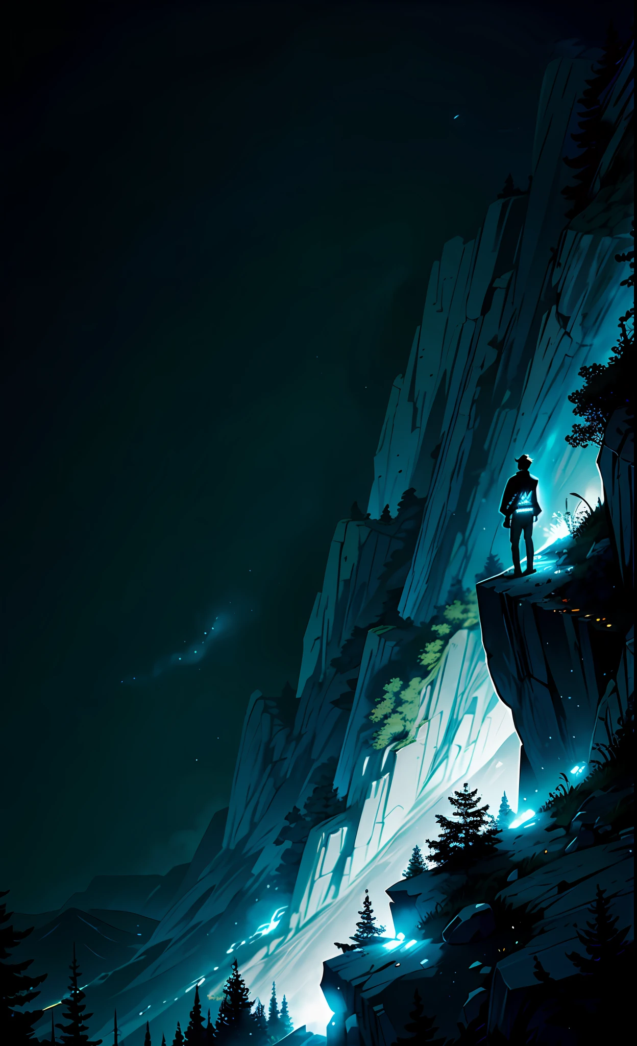 Creative inspiration: (1 man), (black tattoo: 1.2), (smoky makeup), (night cliff), (dense forest), (road perspective), glow effect, (looking at the camera))