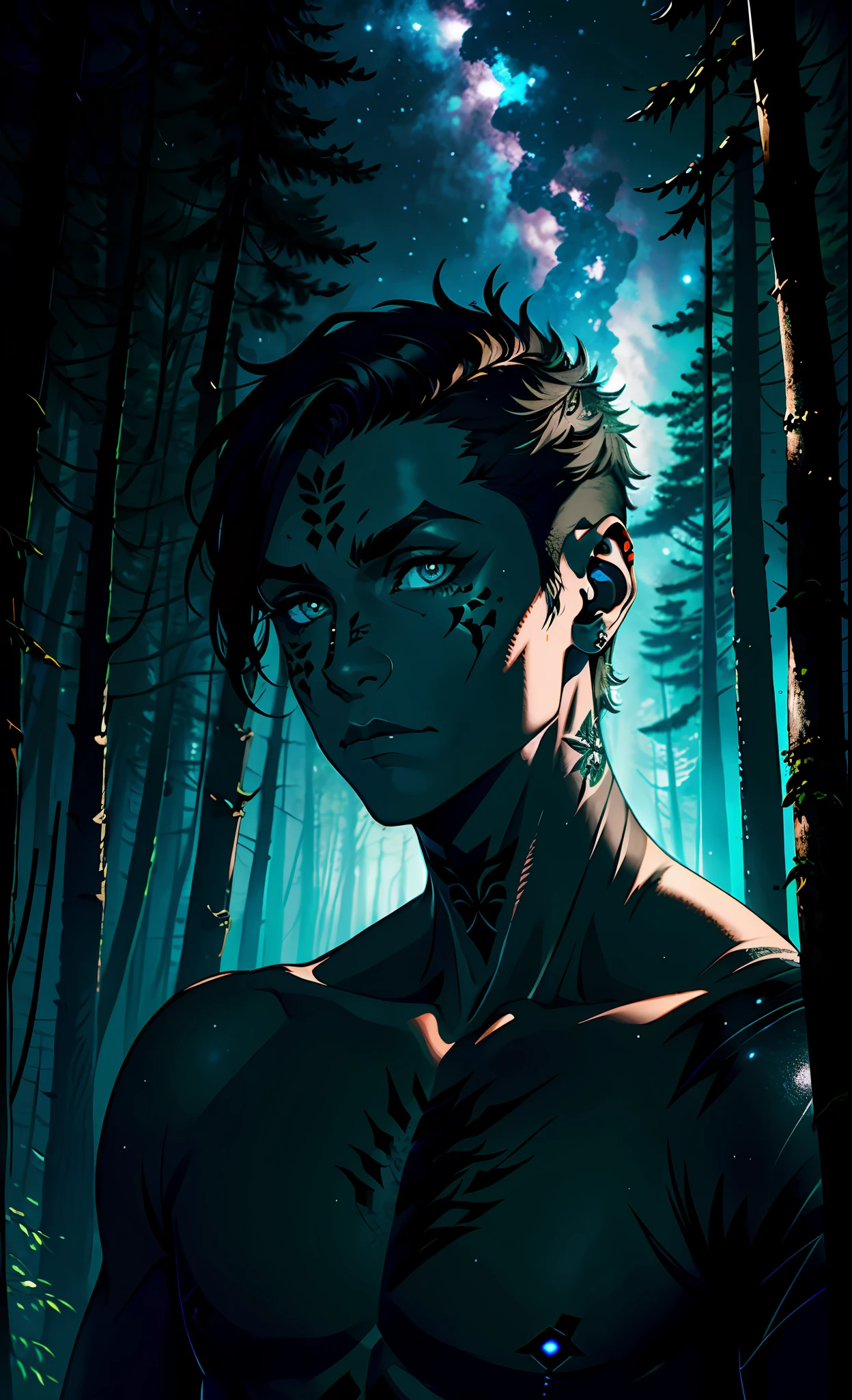 Creative inspiration: (1 man), (black tattoo: 1.2), (smoky makeup), (night cliff), (dense forest), (road perspective), glow effect, (looking at the camera))