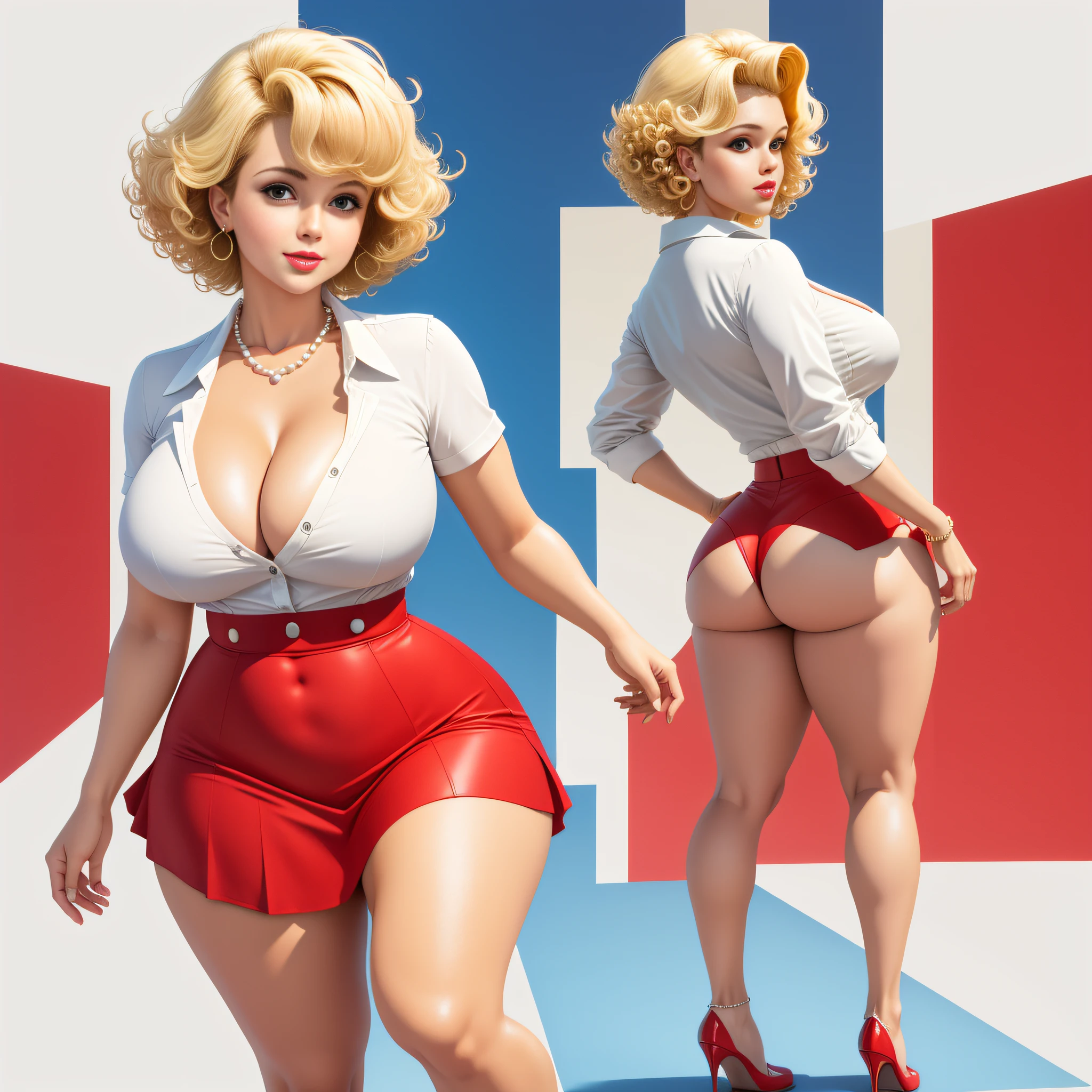 full body portrait, Francine Smith 1980s \(style\), 1 anime girl, blonde hair, retro artstyle, short curly hair, solo, red dress, pearls, unbutton_shirt, (natural_breasts:1.2), medium_breasts, cleavage, white bra showing, lace white bra, full body shot, model pose, shoes visible, ass view, face view, multiple viwes, superhero cap