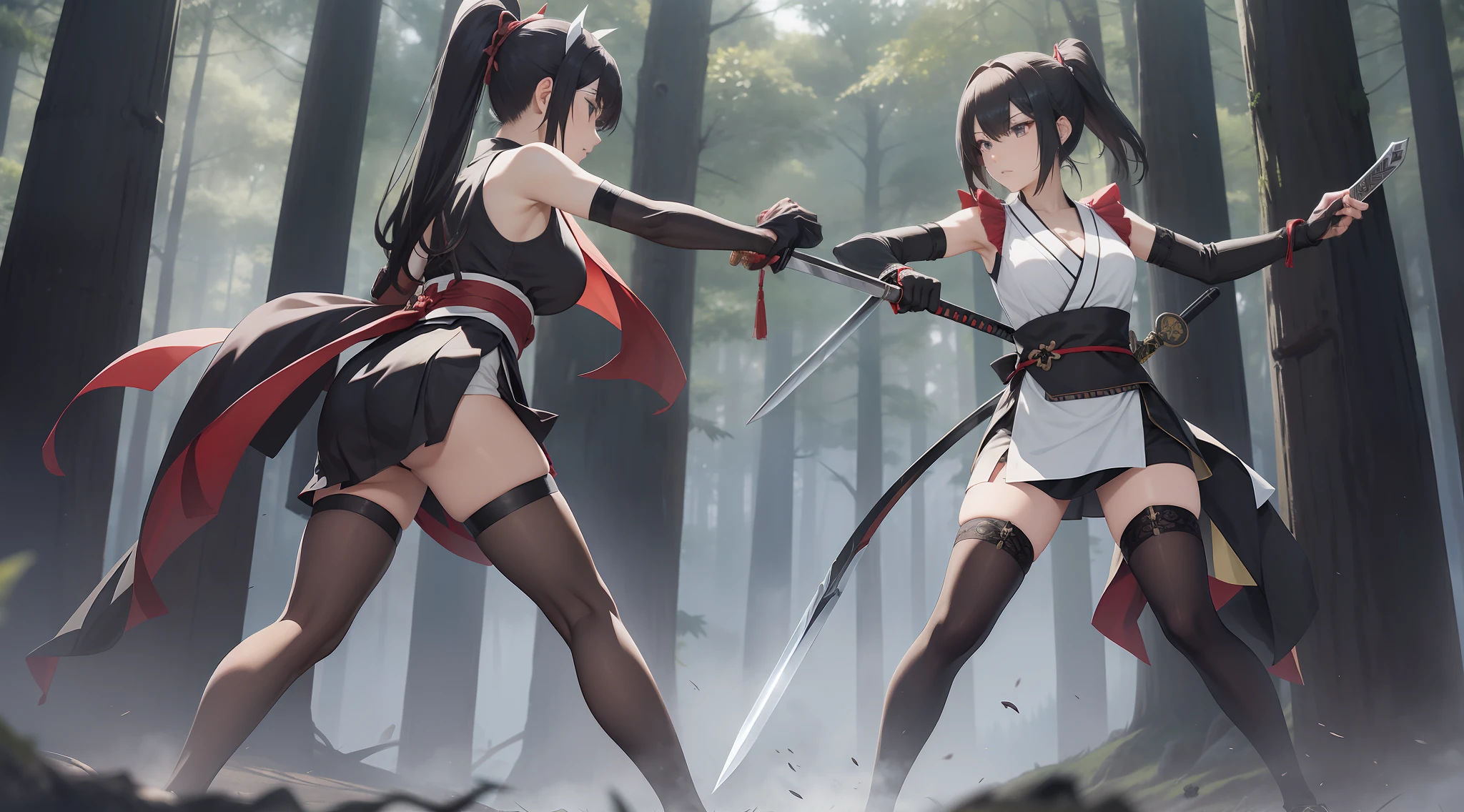 Full body shot from head to feet. A deadly duel fighting, between two swordswomen character from Phantom Breaker, Mikoto versus Itsuki. Mikoto attack Itsuki with her sword. Itsuki takes a lethal blow and succumbs to her injuries. Mikoto and Itsuki have different long loose hairstyle. Mikoto wear traditional sleeveless kimono, obi tied on the back hip, black long gloves, medium skirt, and black thigh highs. Itsuki wear traditional sleeveless kimono, obi tied on the back hip, black long gloves, medium skirt, and black thigh highs. Background set on lush forest, with no effect.