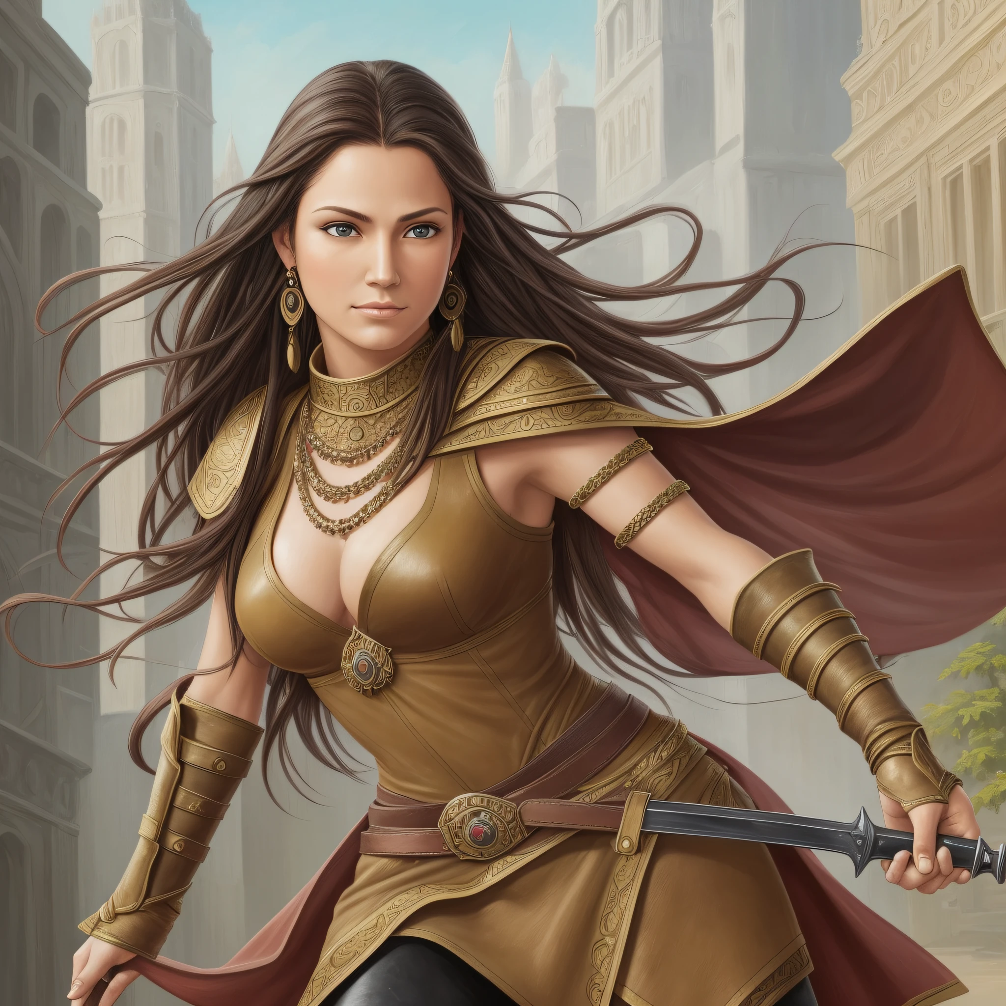 An oil painting depicting a woman in the hyper-realistic style of Ron Mueck. An Eastern and medieval Amazon warrior. The painting is large and immersive, with an impressive level of detail that makes it seem like the woman is alive and present. She has an exotic and attractive appearance, with long, dark hair, tanned skin and almond-shaped eyes. She wears simple and practical clothes, made of leather, linen or cotton, that allow freedom of movement. She uses colors such as brown, green, red and black, which harmonize with the environment. She wears high-top boots, tight pants, a tunic or vest, and a belt with a purse and a sheath to hold her sword. She also wears a cloak or cloak to protect herself from the cold or sun. She wears simple jewelry such as earrings, bracelets or necklaces made of metal or stones. She wears understated makeup, just to highlight her features. --auto --s2