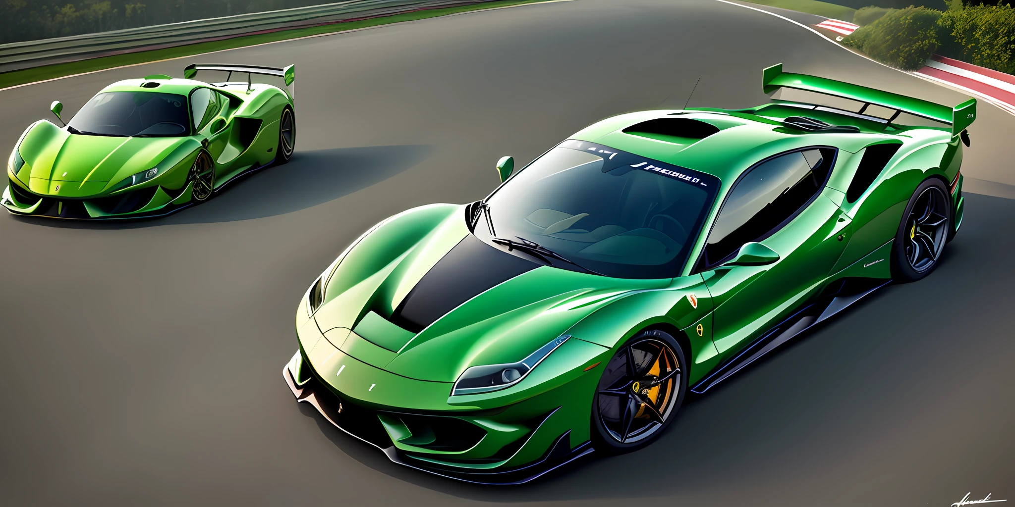 a green color ferrari in Monza,hyper realistic,8k