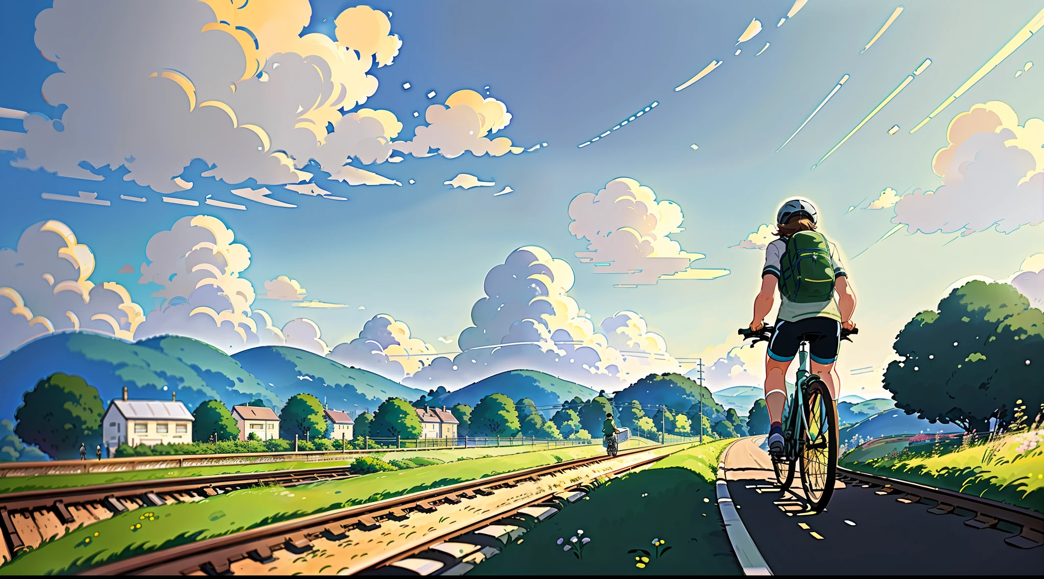 (bike: 1.5), (realistic bike: 1.5), (realistic cyclist: 1.5), back cyclist in the foreground, lofi landscape, countryside, train tracks, long railway, sun, clouds, view from below, landscape background, shadows, contrast, makoto shinkai (Best quality:1.3), (Highres:1) Art by Studio Ghibli Style, Vibrant Colors, Impressionism