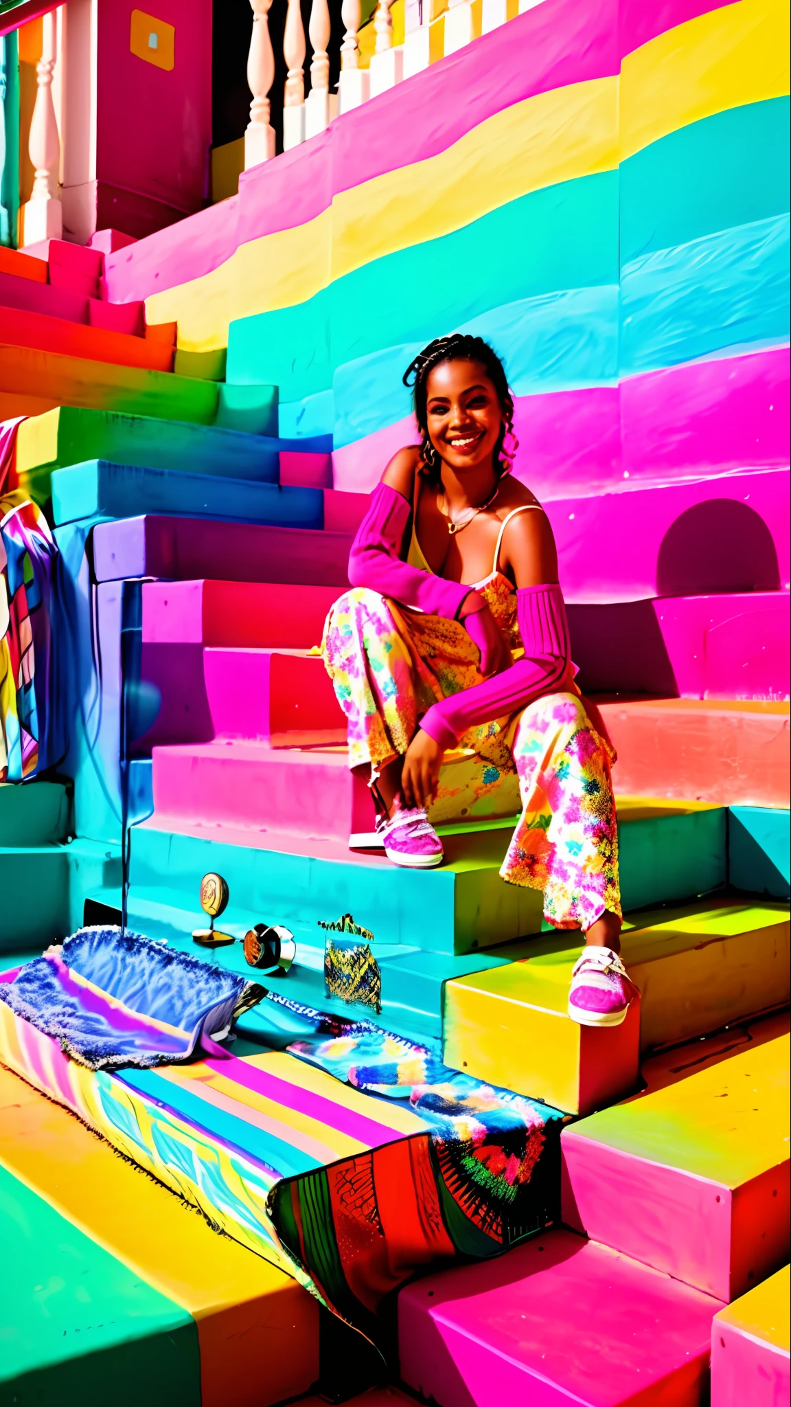 there is a woman sitting on a set of stairs smiling, justina blakeney, malika favre, neon vibes, inspired by Gina Pellón, olivia de bernardinis, julia fuentes, alana fletcher, vibrant feel, cute woman, inspired by Camille-Pierre Pambu Bodo, portrait image, photoshoot, arian mark, playful smirk, mixed art