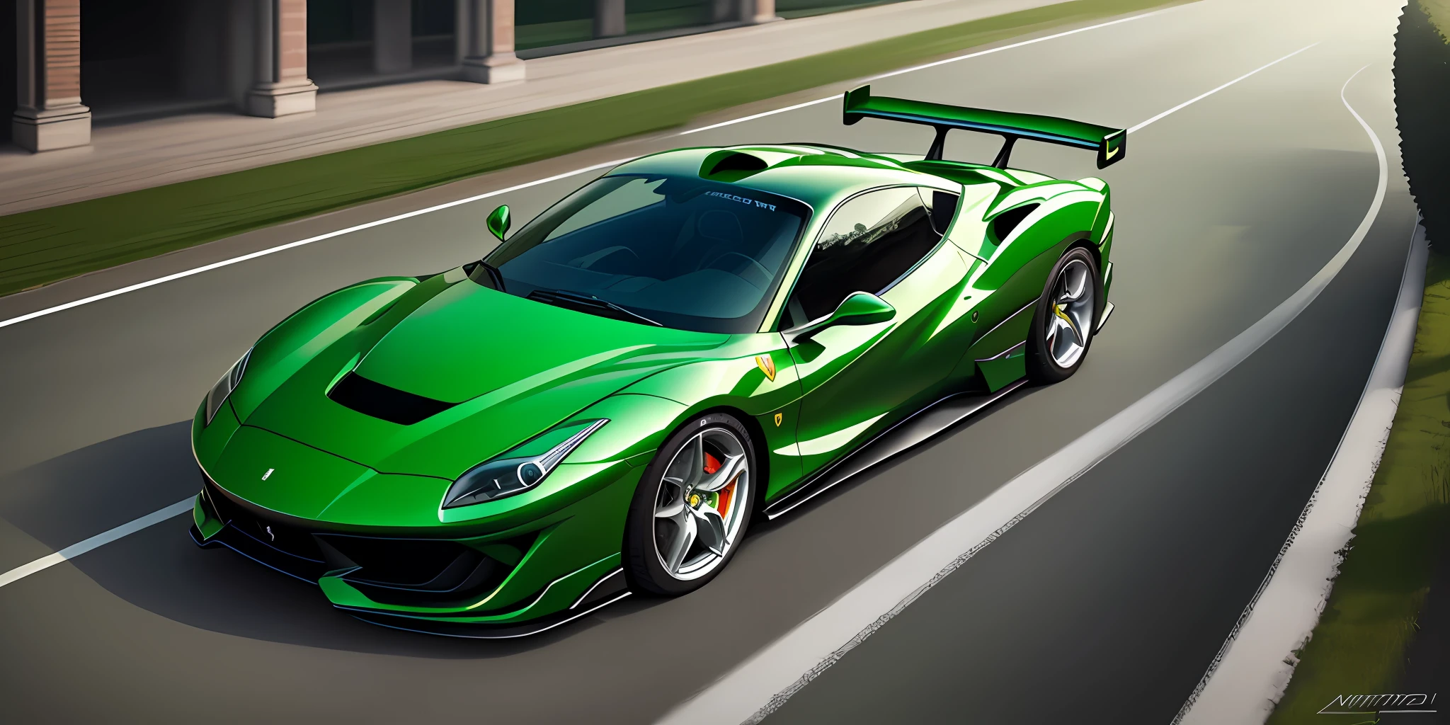 a green color ferrari in Monza,hyper realistic,8k
