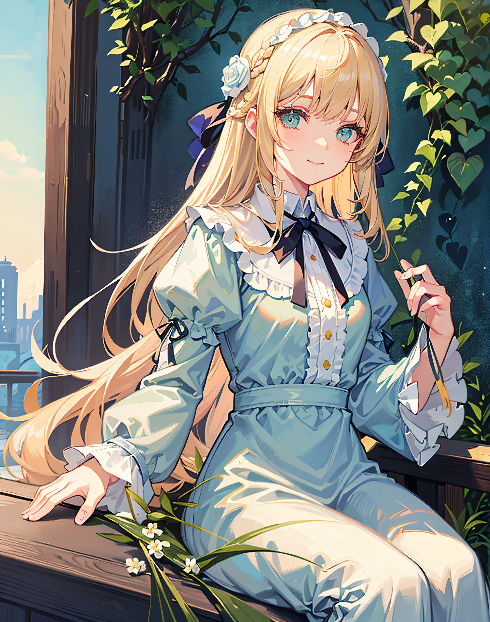 masterpiece, garden, blue sky, thin blonde hair, long hair, long eyelashes, green eyes, smile, ribbon in hair, gentle expression, floral ornament, bangs bangs bangs, lolita fashion