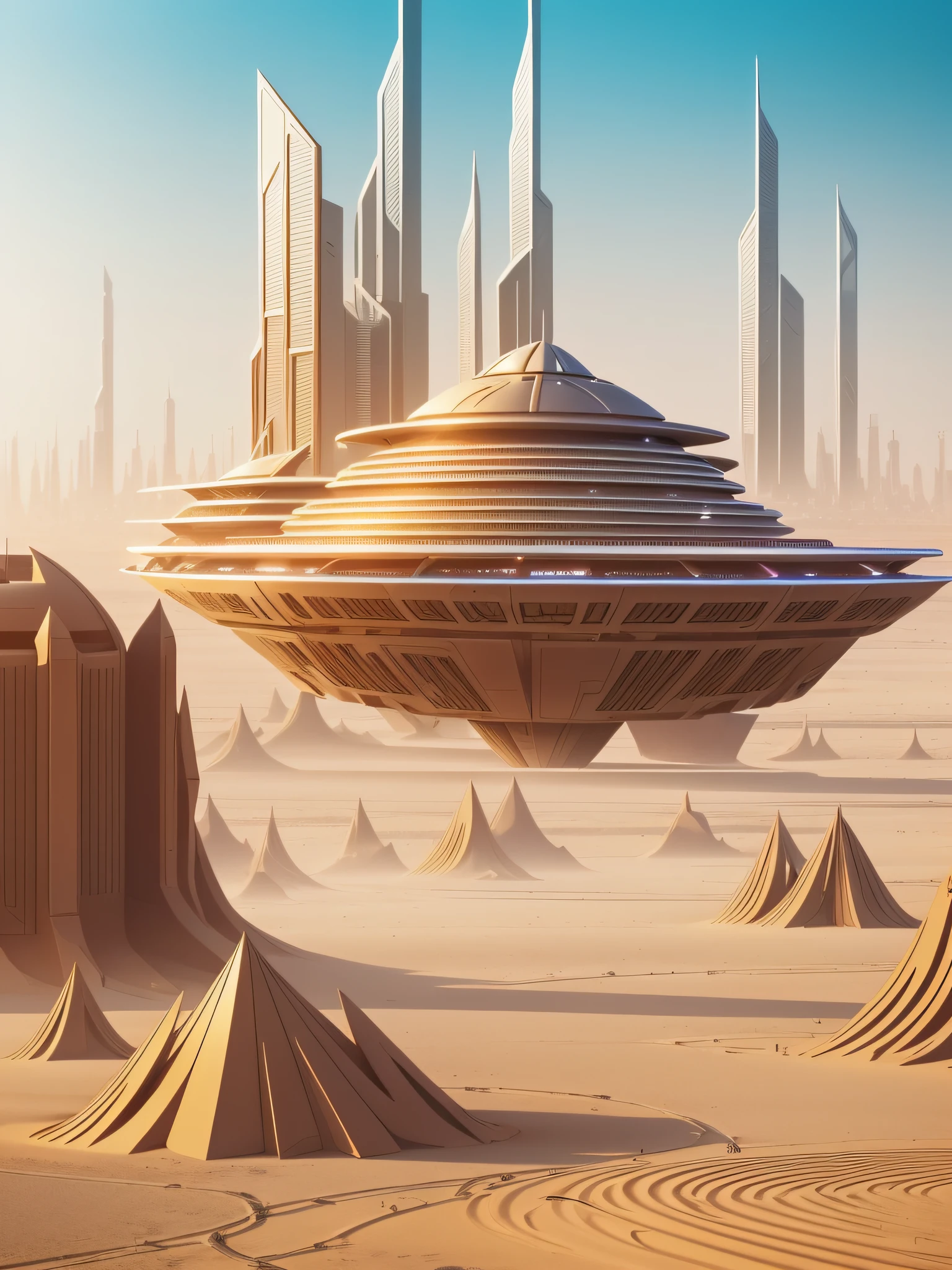futuristic city, fantasy, 24th century, desert, floating city