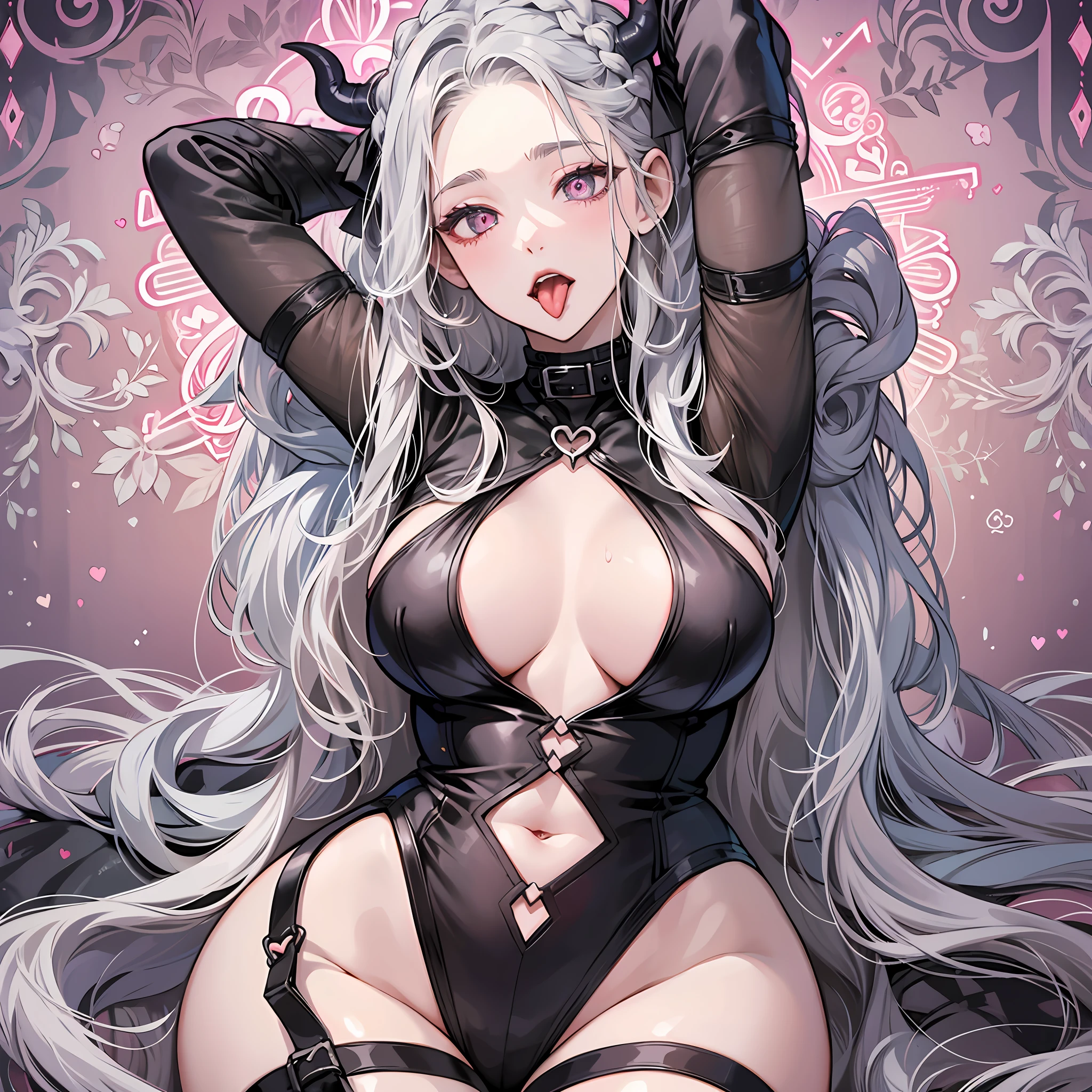 1 girl, big, succubus, no underwear, ((long hair)), gray hair, pale skin, tongue sticking out, long tongue, heart-shaped eyes, abnormally long braid, variant, collar --auto --s2