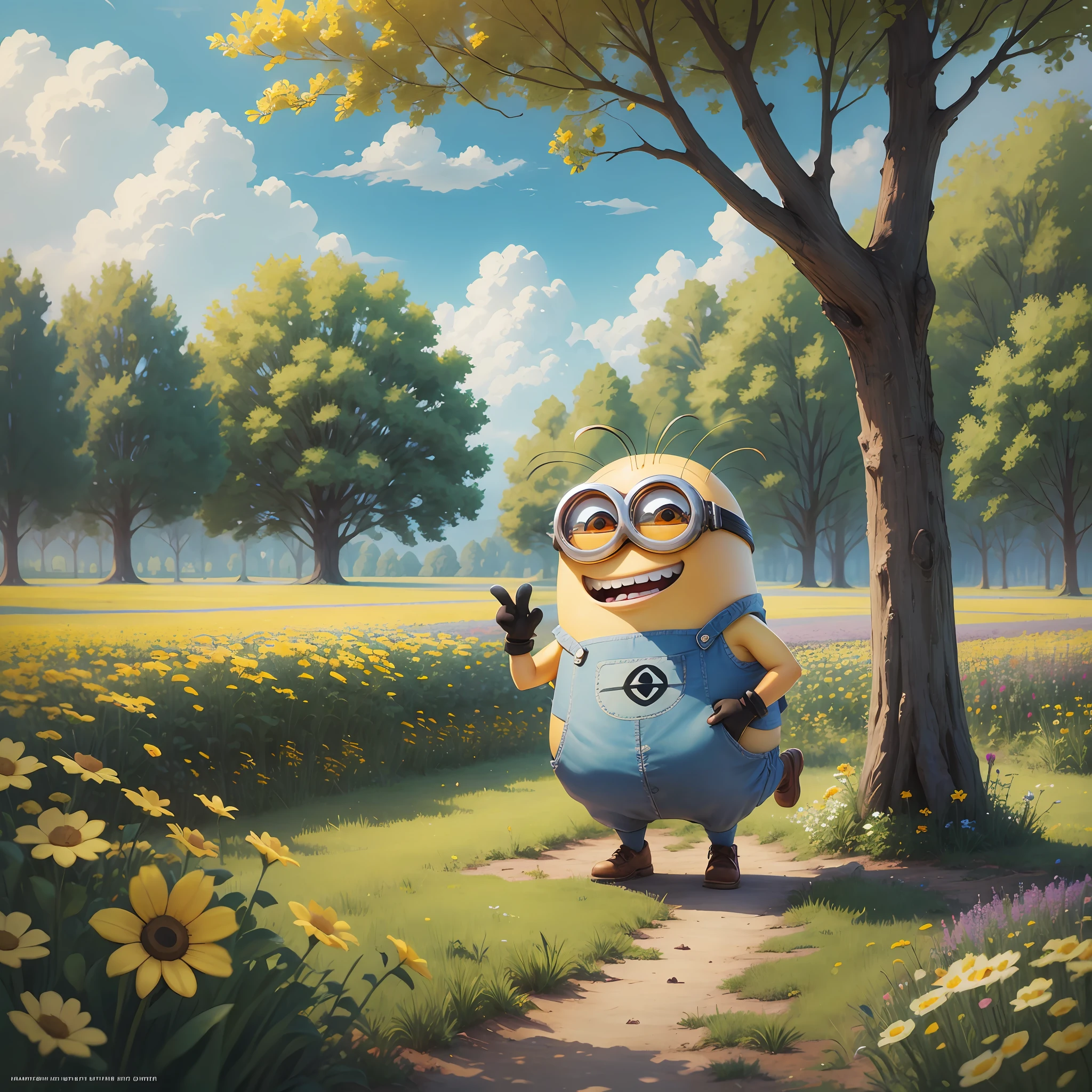 a laughing minion(Stuart) in the beautiful flowers field, 8k resolution wallpaper --auto --s2
