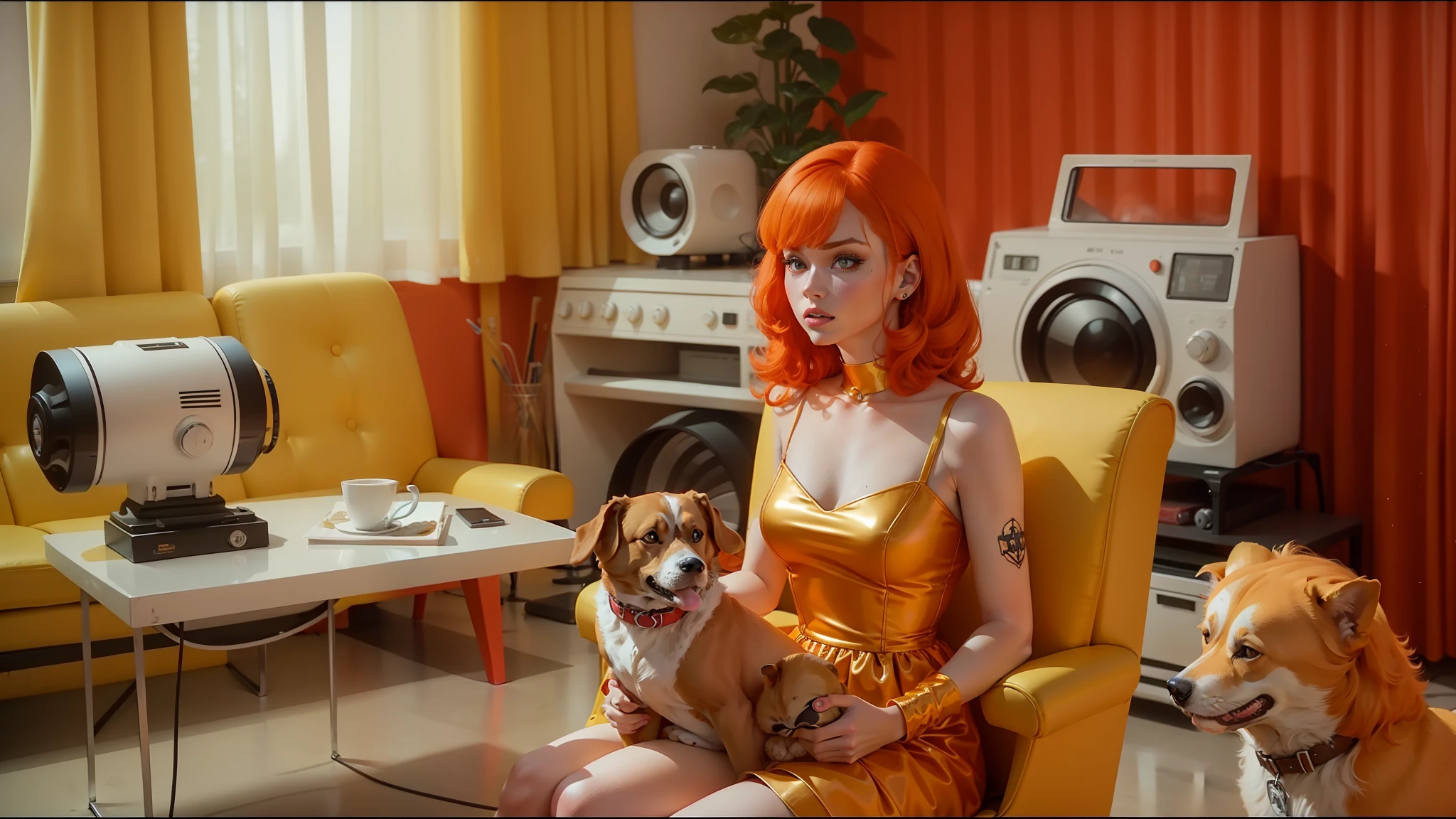 red-haired woman in a gold dress sitting in a yellow chair with two dogs, die antwoord music video, teal orange color palette 8k, jenny seville, 1 9 6 0 s space girl, daniel clowes, by Erik Pevernagie, akira moto, very orange, inspired by Miroslava Sviridova, 1 9 6 6, hifi, millennial vibes --auto --s2