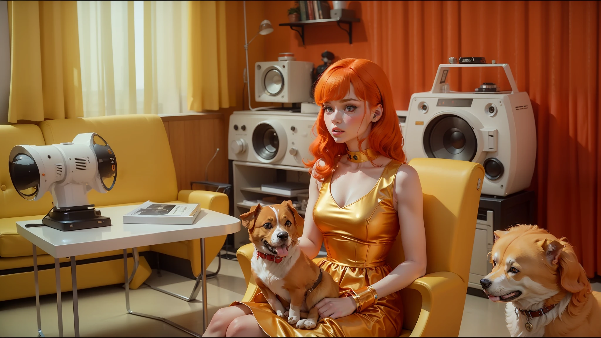 red-haired woman in a gold dress sitting in a yellow chair with two dogs, die antwoord music video, teal orange color palette 8k, jenny seville, 1 9 6 0 s space girl, daniel clowes, by Erik Pevernagie, akira moto, very orange, inspired by Miroslava Sviridova, 1 9 6 6, hifi, millennial vibes --auto --s2