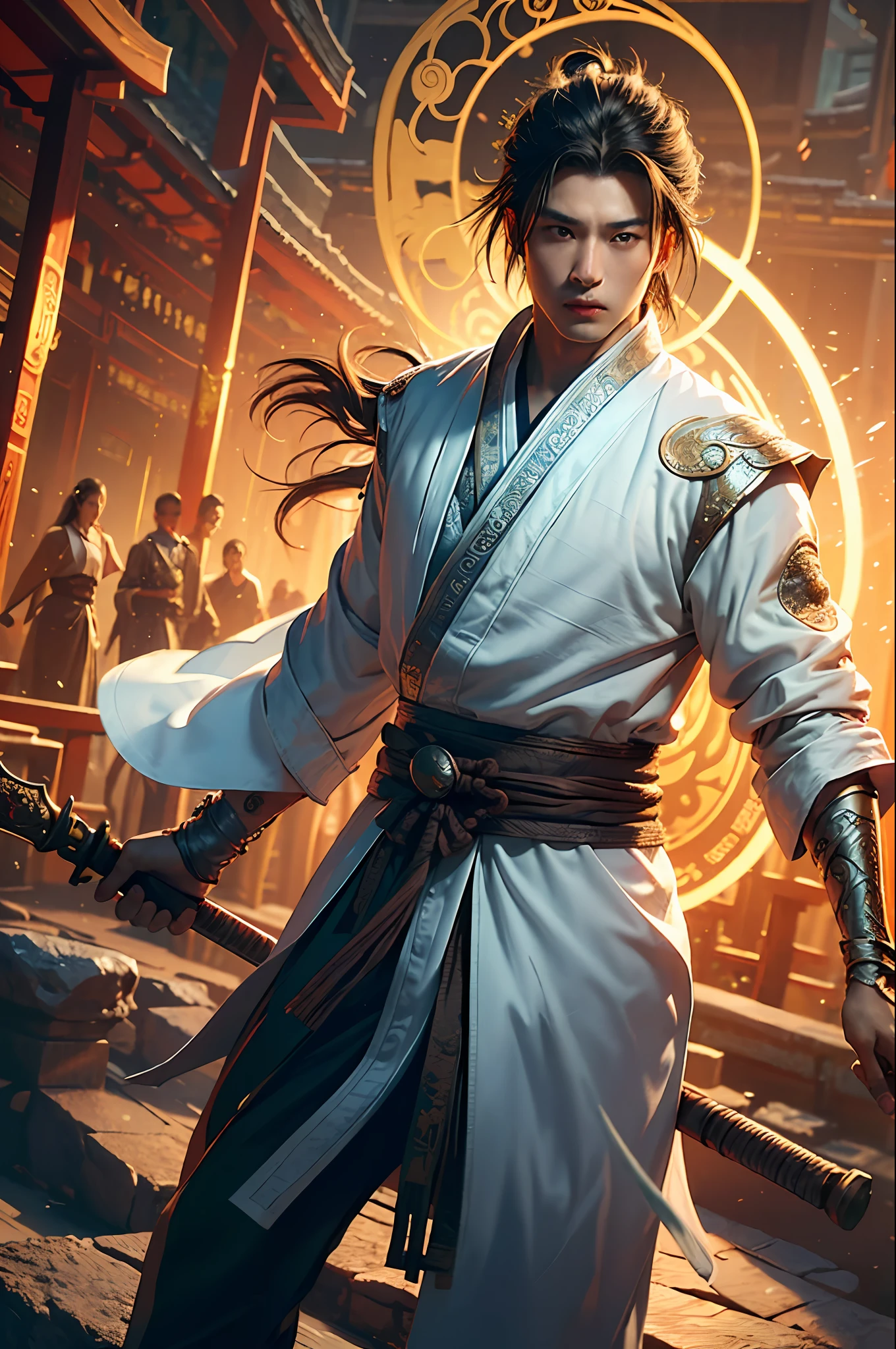 Best Quality, Masterpiece, Ultra High Resolution, (Realistic: 1.4), Xiuxian, Weapon, Detail Face, 1 Boy, Solo, Weapon, (Magic Circle: 1.2), Xiuxian, Upper Body, Interacting with People, Sharp Eyes, Beautiful Boy, (((Handsome)))), Full Body, East Asian Architecture, Sheath, Architecture,