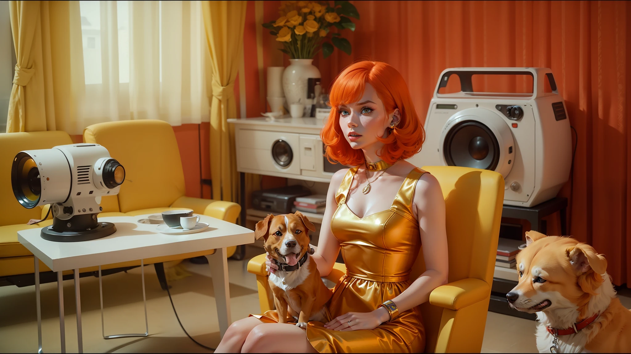 red-haired woman in a gold dress sitting in a yellow chair with two dogs, die antwoord music video, teal orange color palette 8k, jenny seville, 1 9 6 0 s space girl, daniel clowes, by Erik Pevernagie, akira moto, very orange, inspired by Miroslava Sviridova, 1 9 6 6, hifi, millennial vibes --auto --s2