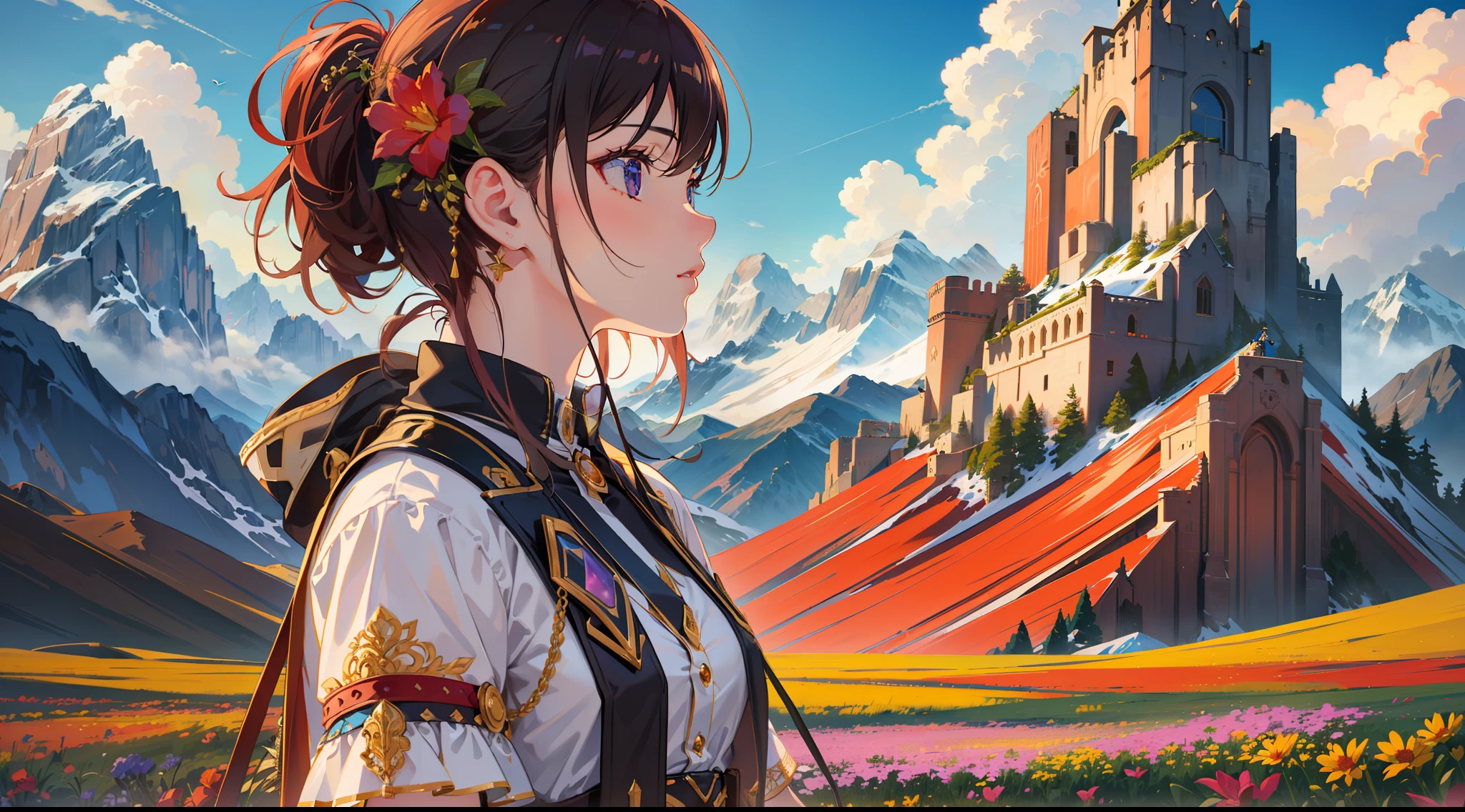 (Extreme Quality CG, Masterpiece, Absurd Resolution, Wallpaper, Mountain Landscape, Colorful Flowers, Golden Hour, Aesthetic Girl in Modern Fashion Clothes with Flower Accessories Standing in the Foreground, Majestic Sky)
