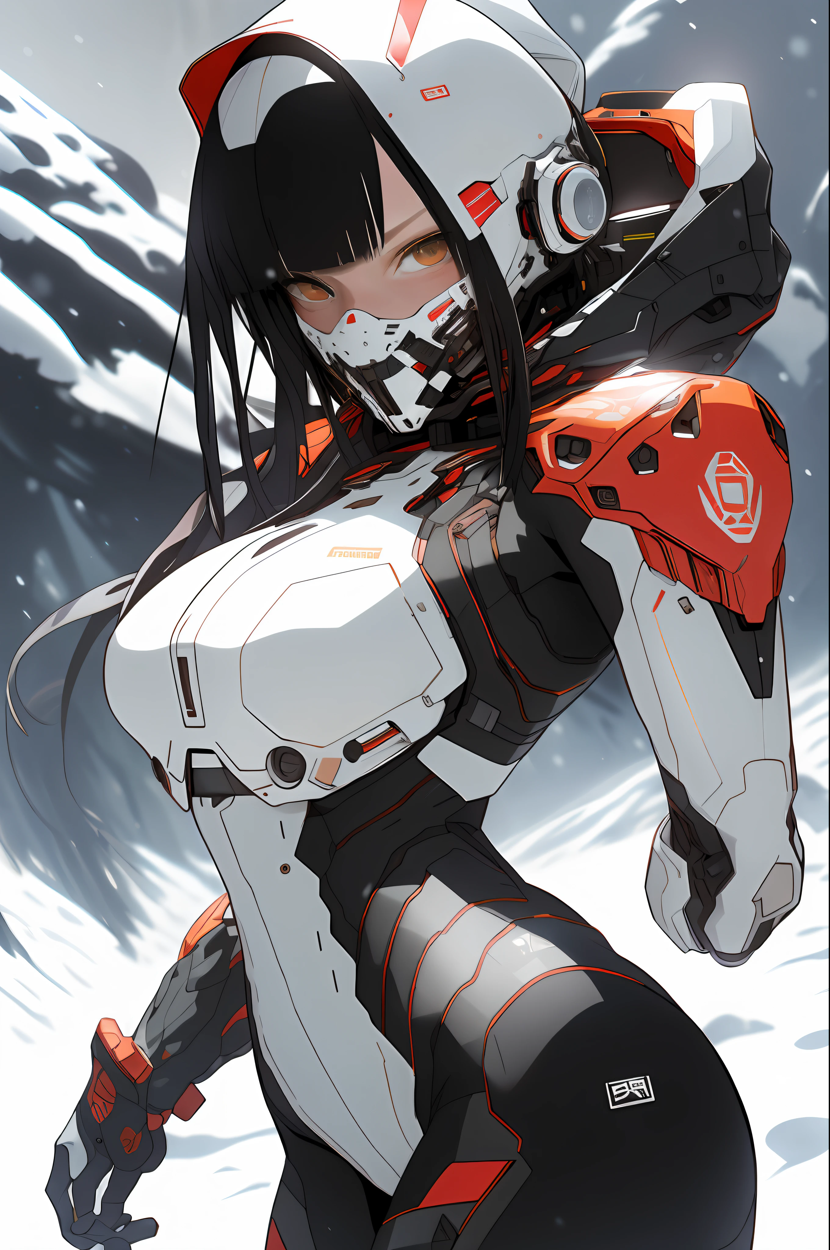 sh4g0d, Eskimo girl, wearing metal mask, thin tubes coming out of the mask((White fur clothing)))), ((Best quality)), ((masterpiece)), (detailed: 1.4), (Absurd), ((ouka_studio)), (((snow))), white military camouflage, Robot Pilot Asian woman ready for war, front walking, leather hood and yak skin, defined muscular sculptural body, half-thick thighs covered by a wide fabric pants, mouth closed, technological clothing on top, Neon Genesis Evangelion style, cyberpunk, generous neckline, ((perfect medium breasts)), (brown pulled eyes without pupils), (((totally white and red clothing)), (((hair fulfilled half black, half white bangs on the forehead)))), (leather glove and yak skin), long eyelashes heavy makeup, mini skirt, garter belt, by mucha, niji --V5, near real, psychopathic, crazy face, sexy pose, background with icy mountains, 2 piece clothing, pastel, centered, scale to fit dimensions, HDR (High Dynamic Range),Ray Tracing,NVIDIA RTX,Super-Resolution,Unreal 5,Subsurface dispersion, PBR texture, Post-processing, Anisotropic filtering, Depth of field, Maximum clarity and sharpness, Multilayer textures, Albedo and specular maps, Surface shading, Accurate simulation of light-material interaction, Perfect proportions, Octane Render, Two-tone lighting, Wide aperture, Low ISO, White balance, Rule of thirds, 8K RAW, crysisnanosuit