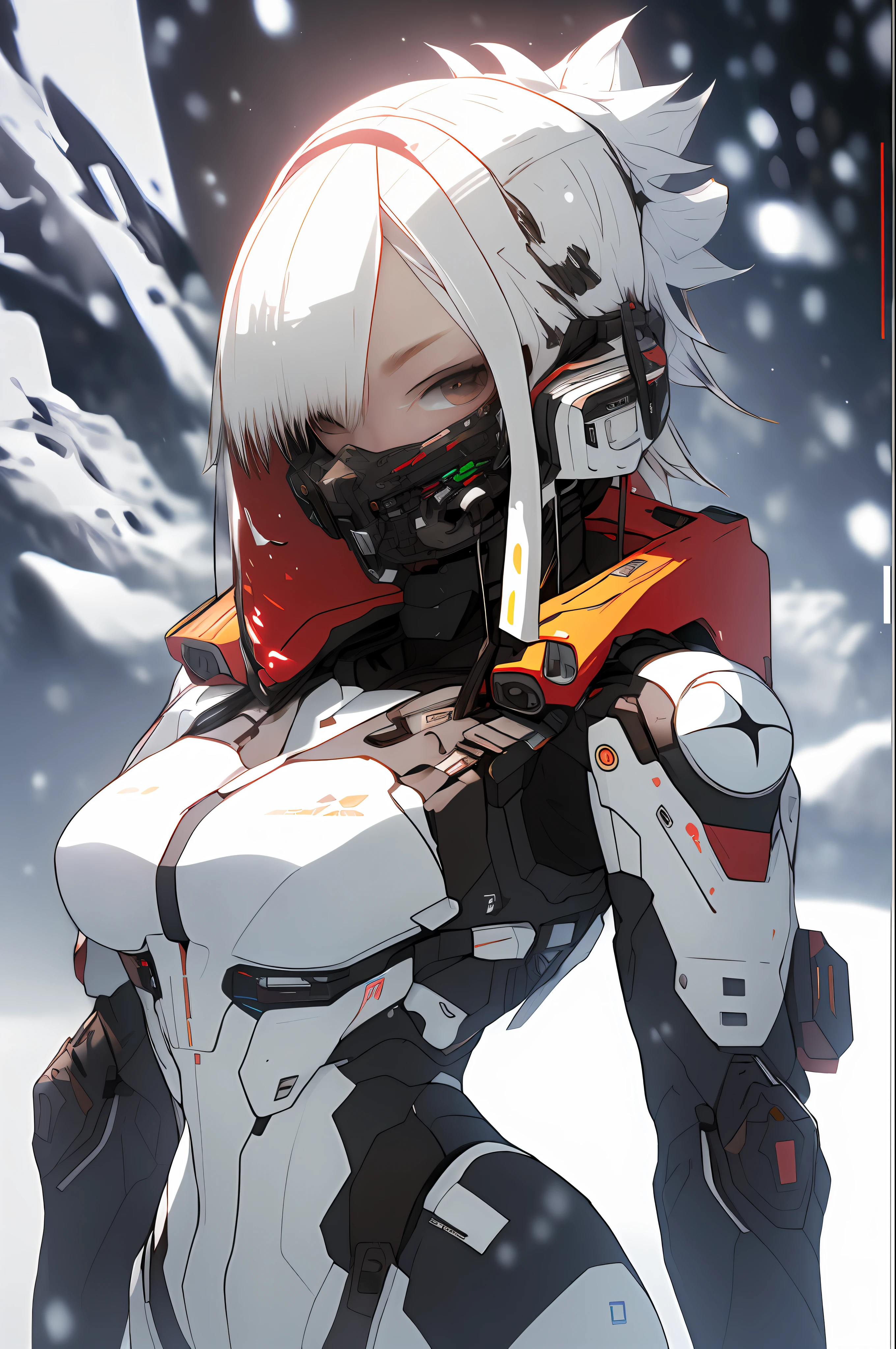 sh4g0d, Eskimo girl, wearing metal mask, thin tubes coming out of the mask((White fur clothing)))), ((Best quality)), ((masterpiece)), (detailed: 1.4), (Absurd), ((ouka_studio)), (((snow))), white military camouflage, Robot Pilot Asian woman ready for war, front walking, leather hood and yak skin, defined muscular sculptural body, half-thick thighs covered by a wide fabric pants,  mouth closed, technological clothing on top, Neon Genesis Evangelion style, cyberpunk, generous neckline, ((perfect medium breasts)), (brown pulled eyes without pupils), (((totally white and red clothing)), (((hair fulfilled half black, half white bangs on the forehead)))), (leather glove and yak skin), long eyelashes heavy makeup, mini skirt, garter belt, by mucha, niji --V5,  near real, psychopathic, crazy face, sexy pose, background with icy mountains, 2 piece clothing, pastel, centered, scale to fit dimensions, HDR (High Dynamic Range),Ray Tracing,NVIDIA RTX,Super-Resolution,Unreal 5,Subsurface dispersion, PBR texture, Post-processing, Anisotropic filtering, Depth of field, Maximum clarity and sharpness, Multilayer textures, Albedo and specular maps, Surface shading,  Accurate simulation of light-material interaction, Perfect proportions, Octane Render, Two-tone lighting, Wide aperture, Low ISO, White balance, Rule of thirds, 8K RAW, crysisnanosuit