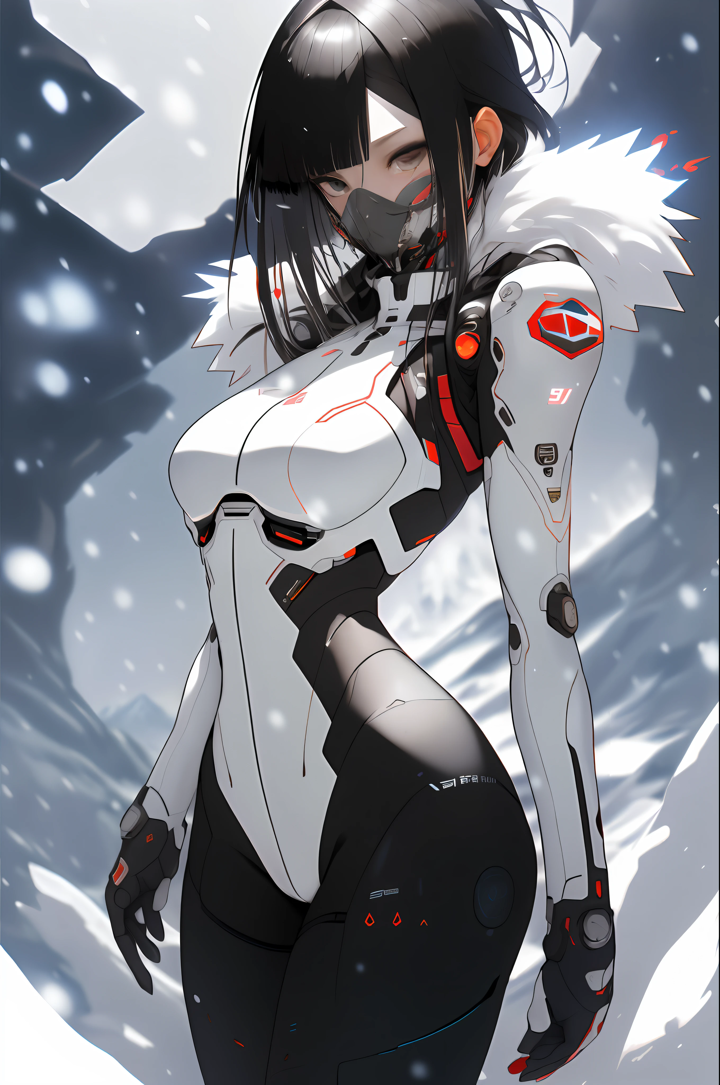 sh4g0d, Eskimo girl, wearing metal mask, thin tubes coming out of the mask((White fur clothing)))), ((Best quality)), ((masterpiece)), (detailed: 1.4), (Absurd), ((ouka_studio)), (((snow))), white military camouflage, Robot Pilot Asian woman ready for war, front walking, leather hood and yak skin, defined muscular sculptural body, half-thick thighs covered by a wide fabric pants, mouth closed, technological clothing on top, Neon Genesis Evangelion style, cyberpunk, generous neckline, ((perfect medium breasts)), (brown pulled eyes without pupils), (((totally white and red clothing)), (((hair fulfilled half black, half white bangs on the forehead)))), (leather glove and yak skin), long eyelashes heavy makeup, mini skirt, garter belt, by mucha, niji --V5, near real, psychopathic, crazy face, sexy pose, background with icy mountains, 2 piece clothing, pastel, centered, scale to fit dimensions, HDR (High Dynamic Range),Ray Tracing,NVIDIA RTX,Super-Resolution,Unreal 5,Subsurface dispersion, PBR texture, Post-processing, Anisotropic filtering, Depth of field, Maximum clarity and sharpness, Multilayer textures, Albedo and specular maps, Surface shading, Accurate simulation of light-material interaction, Perfect proportions, Octane Render, Two-tone lighting, Wide aperture, Low ISO, White balance, Rule of thirds, 8K RAW, crysisnanosuit