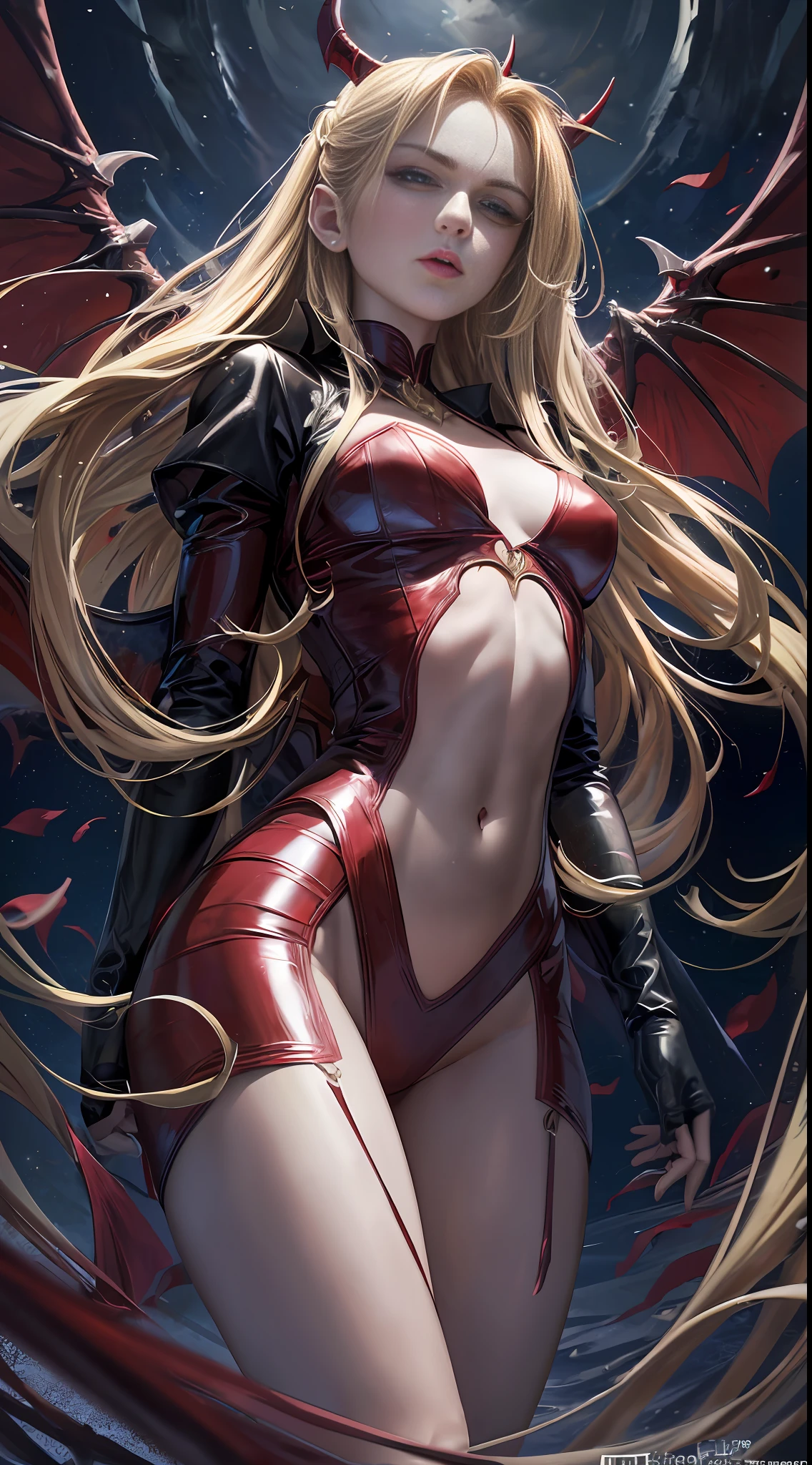Master painting, 8K picture quality, master painting, 8K picture quality, small chest, demon wings, exquisite eye portrayal, delicate facial features portrayal, delicate body portrayal, delicate makeup depiction, red leather coat, long blonde hair, slender figure, open chest, long legs, ((exposed)) ((injured)) full of blood, looming, gorgeous jewelry, chest