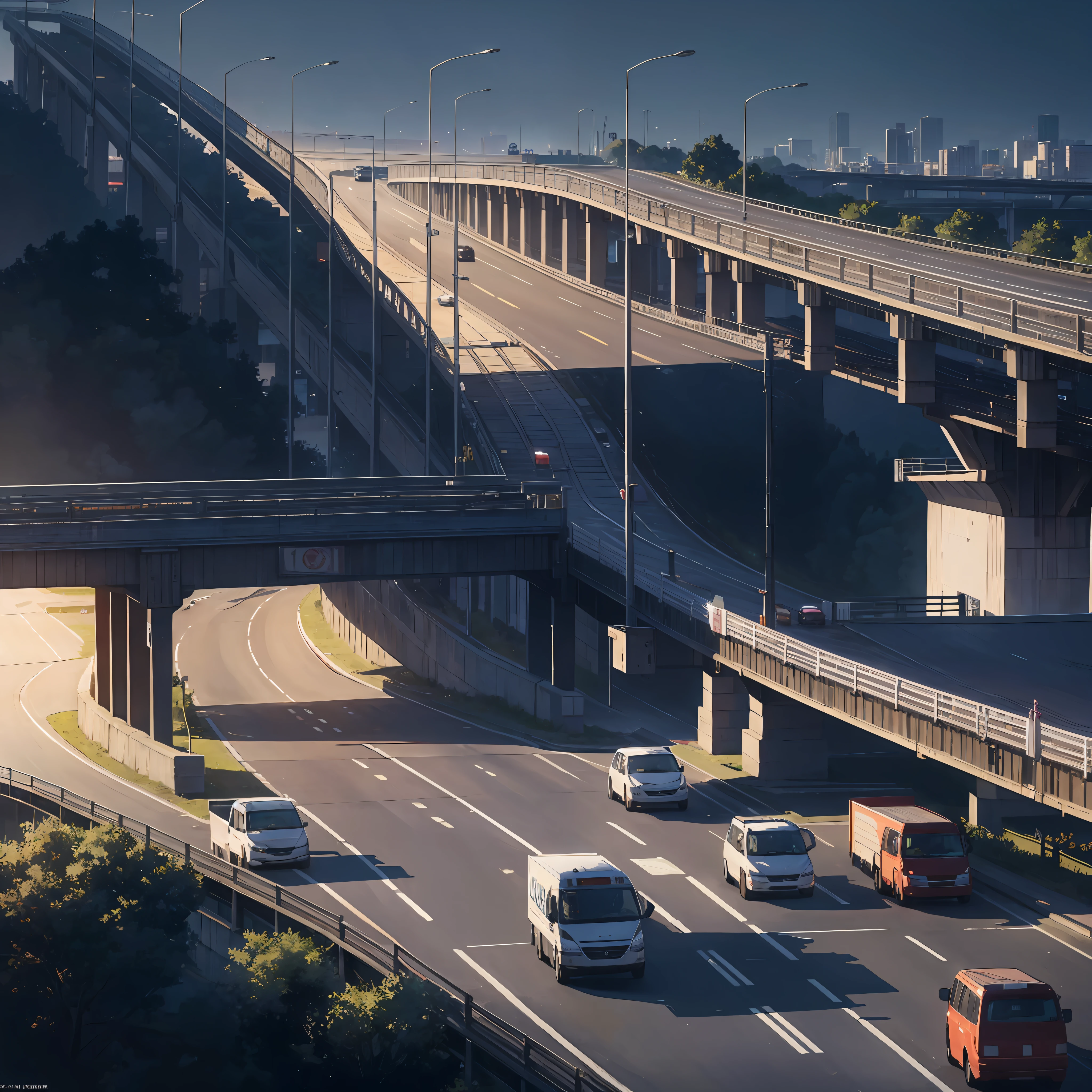 A lot of cars pass by city highway, traffic overpass (van truck 1.3) (best quality: 1.1) (masterpiece: 1.3) with unparalleled masterpiece, surreal 8K, perfect artwork, super detail, best quality, masterpiece 4K wallpaper aesthetics, masterpiece, award winning artwork, official art, cinematic lighting