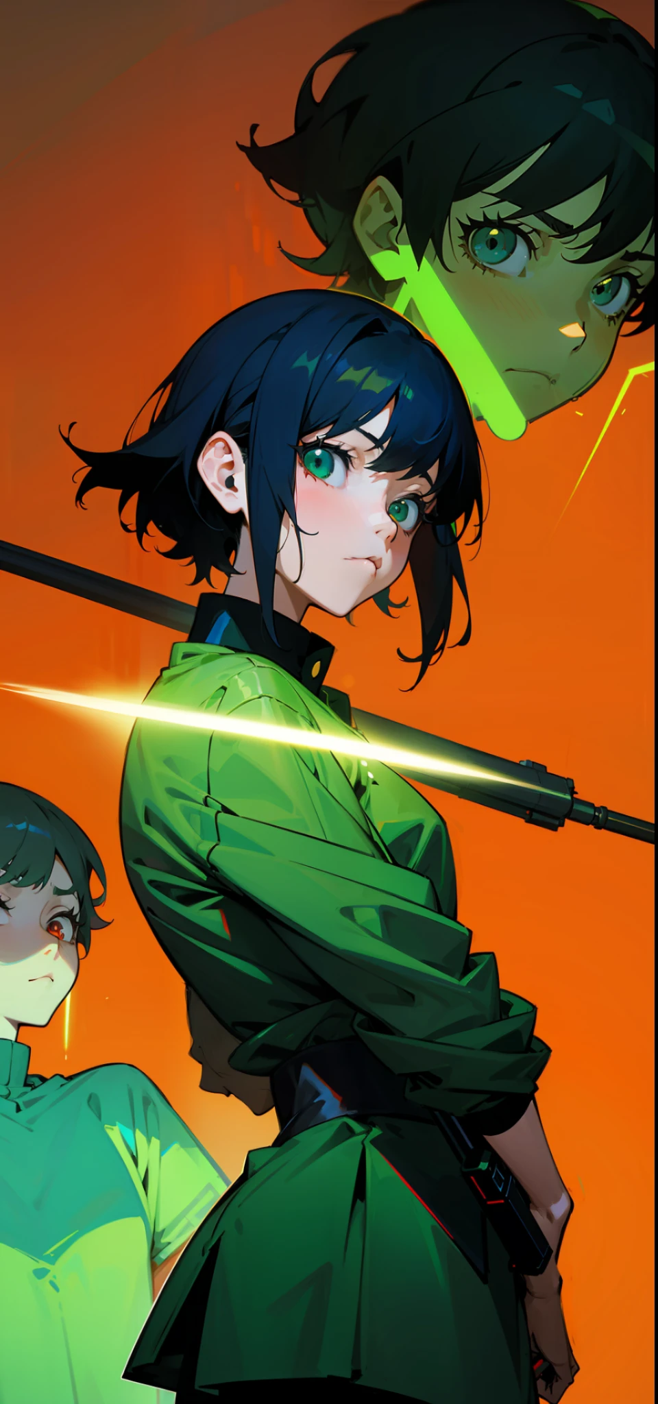 anime girl holding a gun with a green glow on her face, satoshi kon artstyle, style of satoshi kon, satoshi kon anime, inspired by Satoshi Kon, inspired by Tomer Hanuka, artwork in the style of guweiz, by Satoshi Kon, anime shot, by Tomer Hanuka, screenshot from guro anime, guweiz