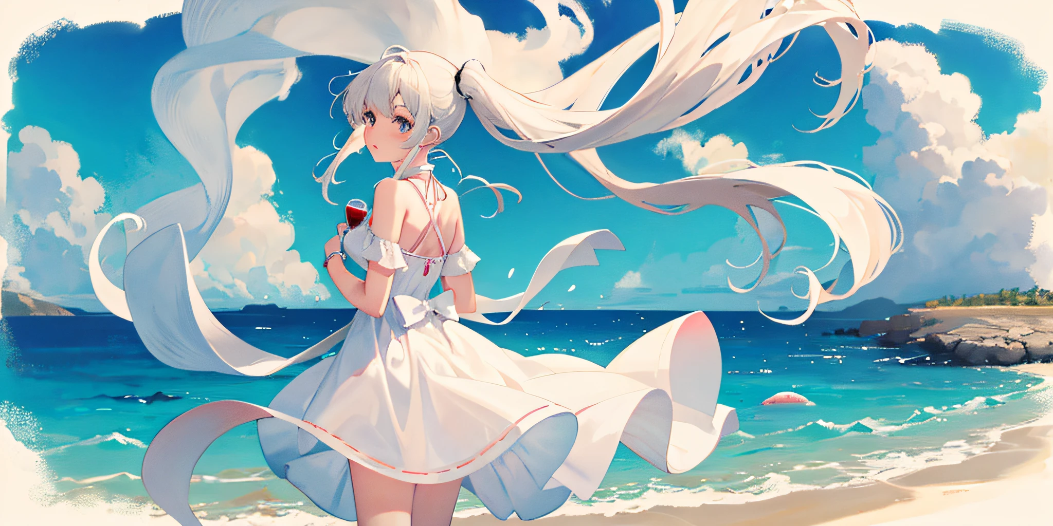 Calm sea, breeze, shells, music and wine, girl back, white dress, double ponytail, white calf socks