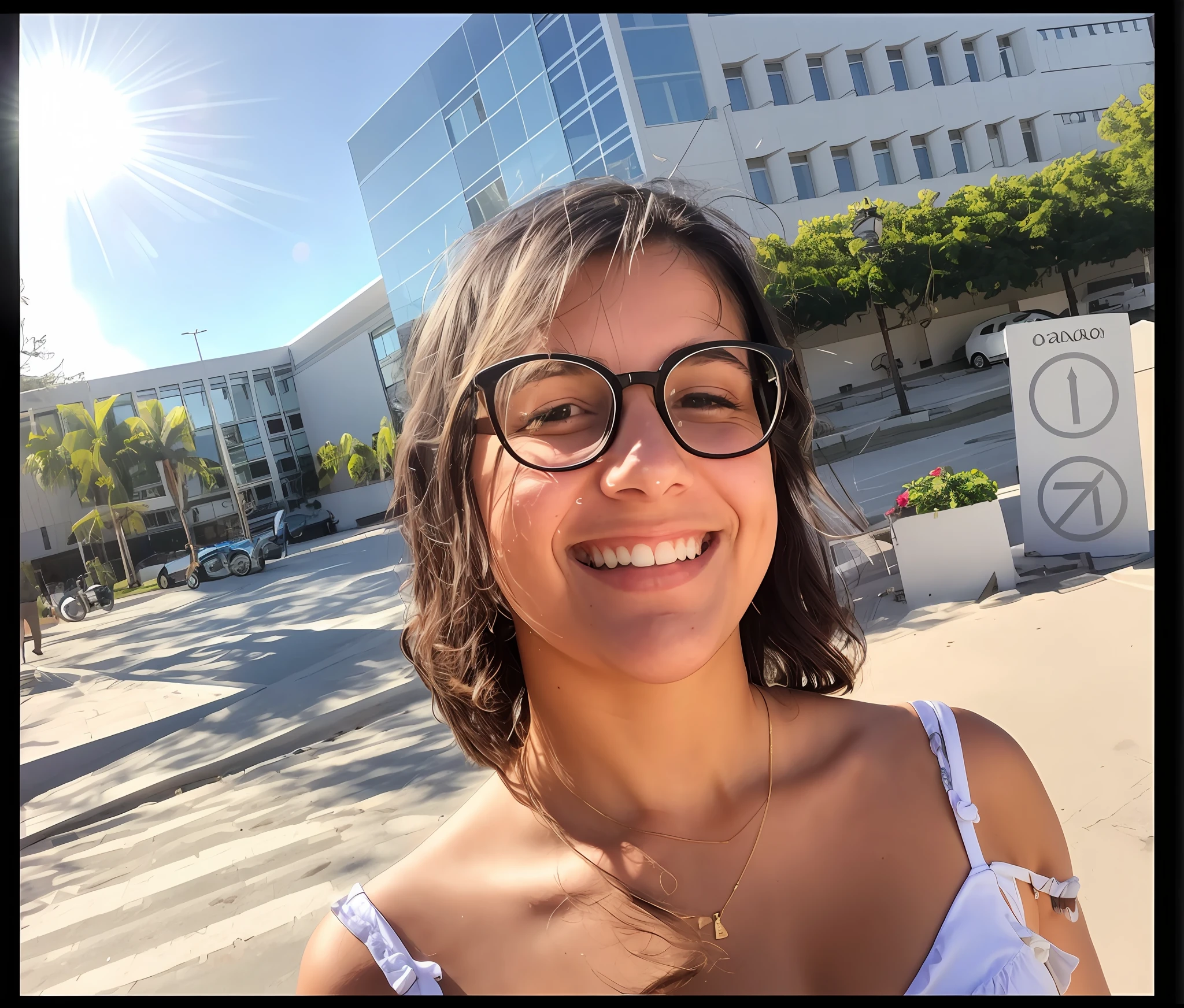 smiling woman with glasses and a dress on in front of a building, student, frontal picture, cute slightly nerdy smile, by Nándor Katona, andrea rocha, turning her head and smiling, she is smiling, malika favre, olivia de bernardinis, captured on iphone, shot on gopro9, nice weather, valentina remenar
