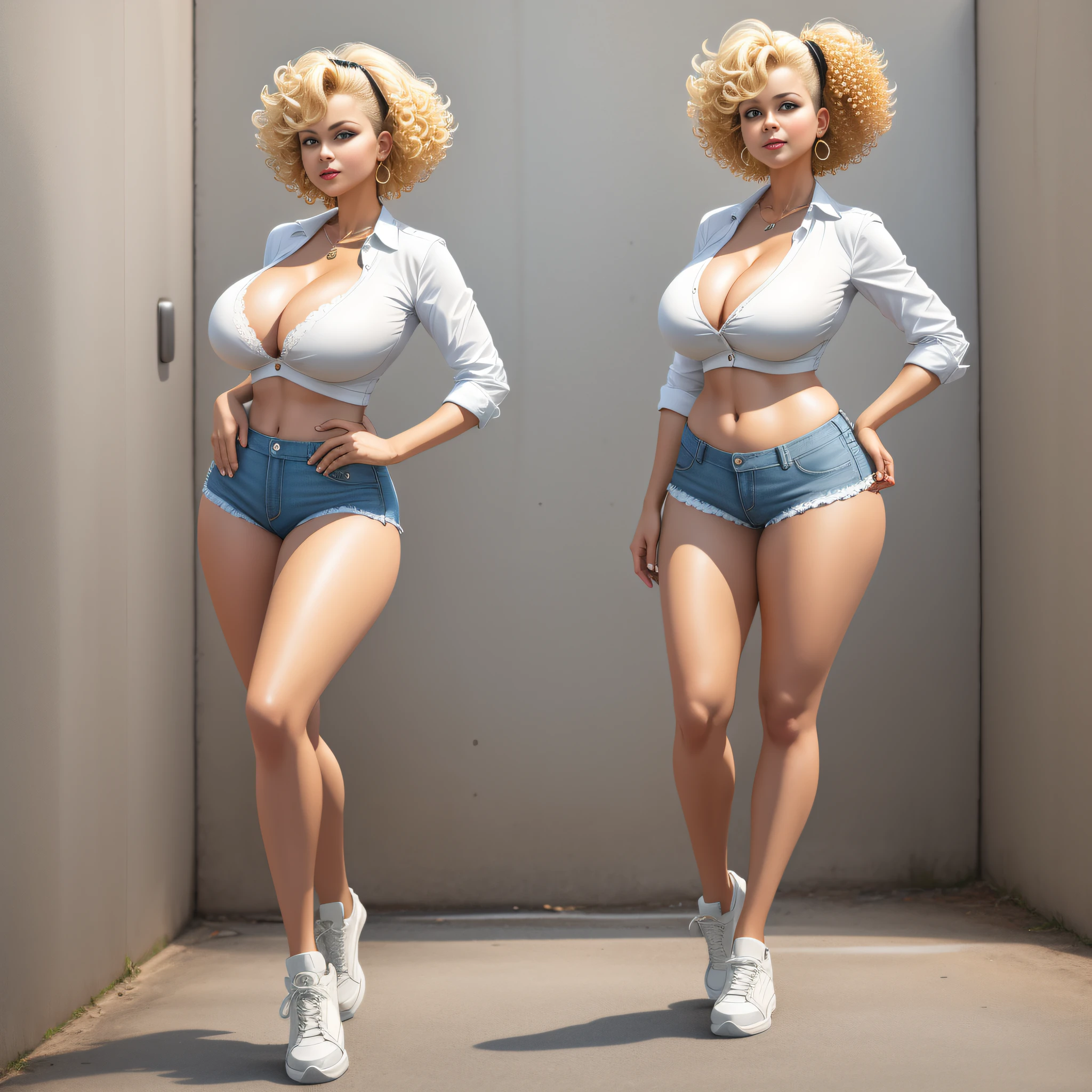 full body portrait, Heavy Metal, 1980s \(style\), 1 anime girl, blonde hair, retro artstyle, short curly hair, solo, unbutton_shirt, (natural_breasts:1.2), medium_breasts, cleavage, white bra showing, lace white bra, full body shot, model pose, shoes visible, ass view, face view, multiple viwes, superhero cap