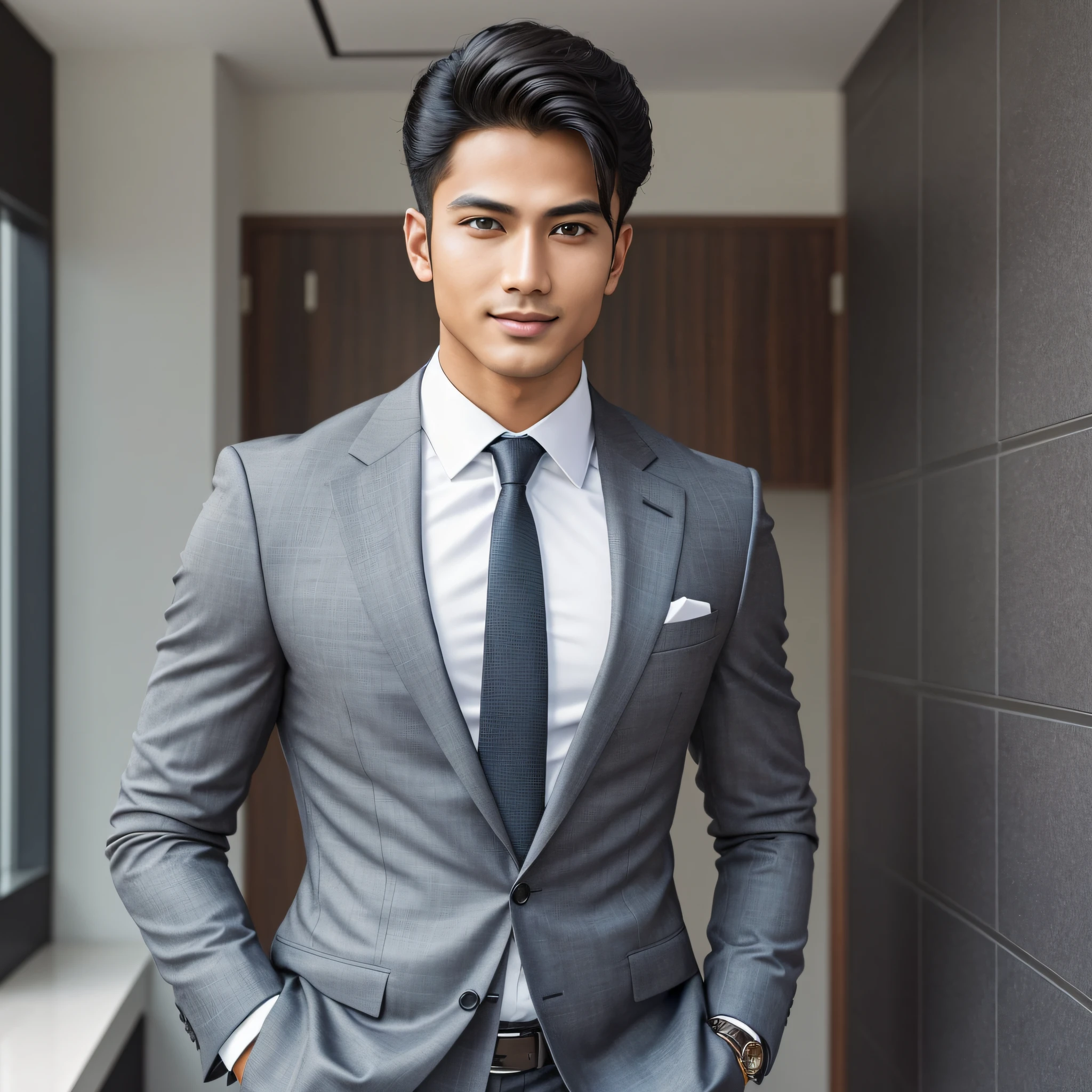 Create an ultra realistic half body image of an extremely attractive young man exuding confidence and professionalism in his attire. he should have sharp features, mesmerizing hazel eyes, and a symmetrical face that radiates grace. The background should be dark. The man should be dressed in impeccable stylish professional attire that showcases his style and competence. Capture the essence of his determination, intelligence, and poise, making him the epitome of a successful and empowered Myanese man in the corporate world.