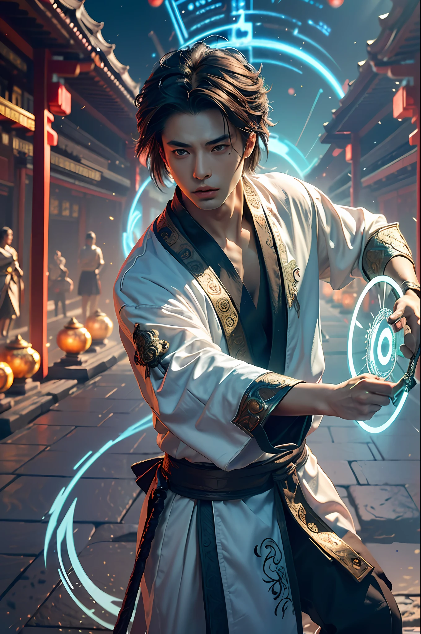 Best Quality, Masterpiece, Ultra High Resolution, (Realistic: 1.4), Xiuxian, Weapon, Detail Face, 1 Boy, Solo, Weapon, (Magic Circle: 1.2), Xiuxian, Upper Body, Beautiful Boy, ((((Varied Handsome)))), Full Body, East Asian Architecture, Sheath, Building,